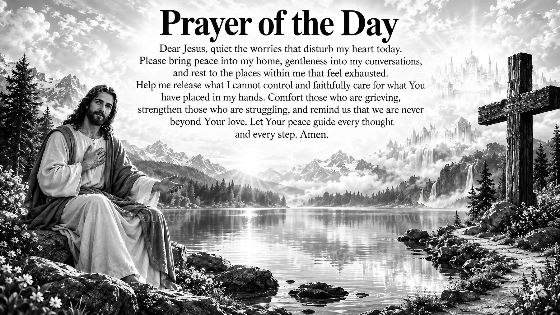 Jesus Christ comforting those in distress by a river - AI-generated stock image