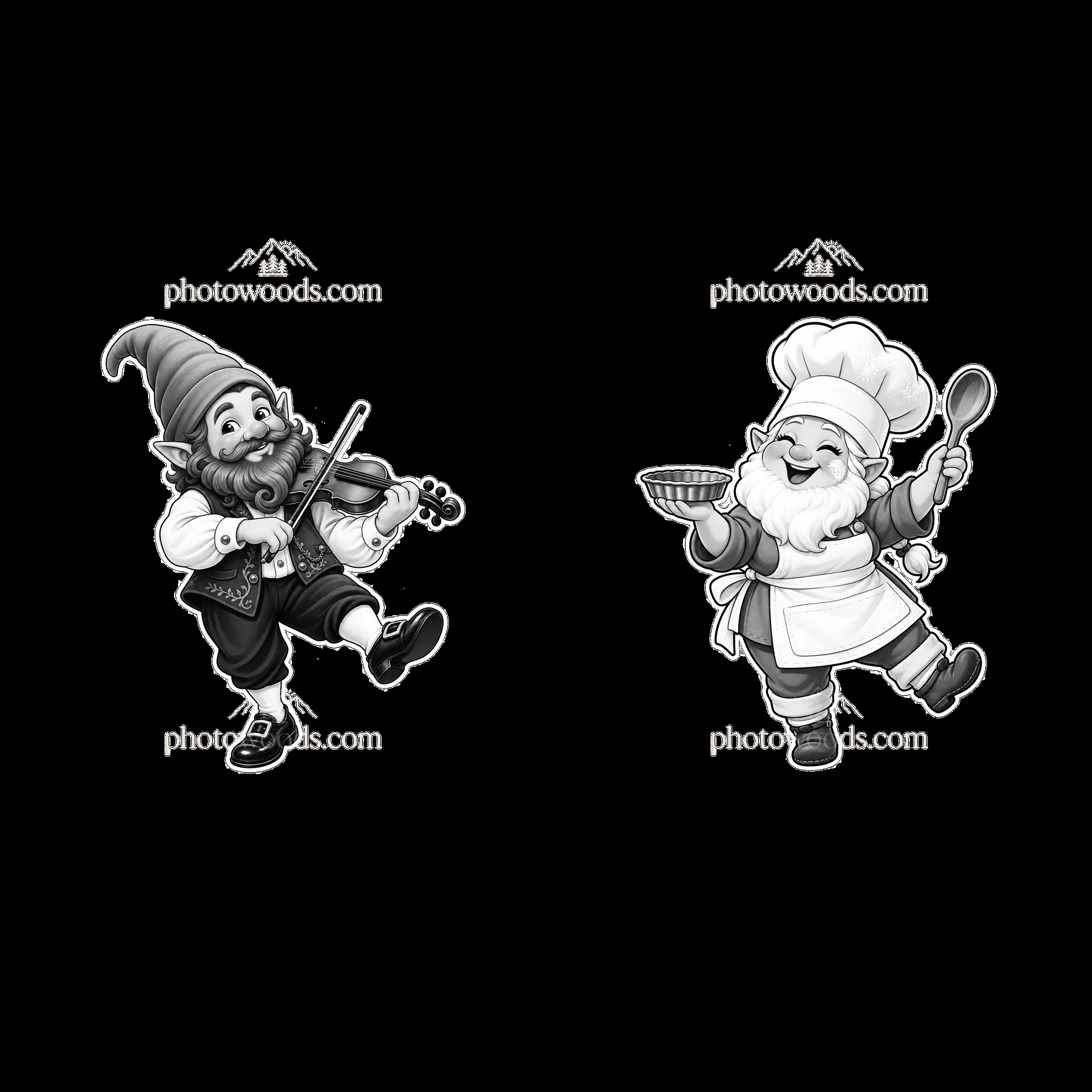 Gnomes playing music and cooking in a fun cartoon style - AI-generated stock image