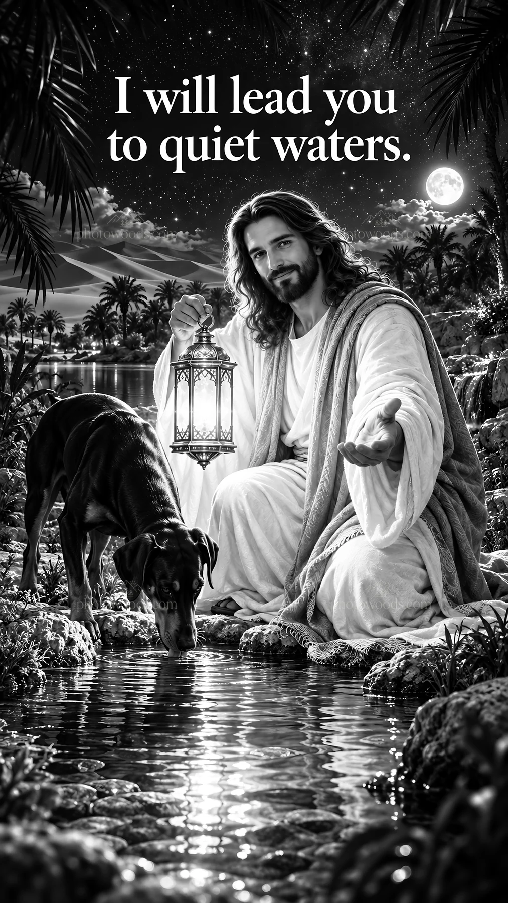 Jesus Christ guiding to quiet waters with a lantern - AI-generated stock image