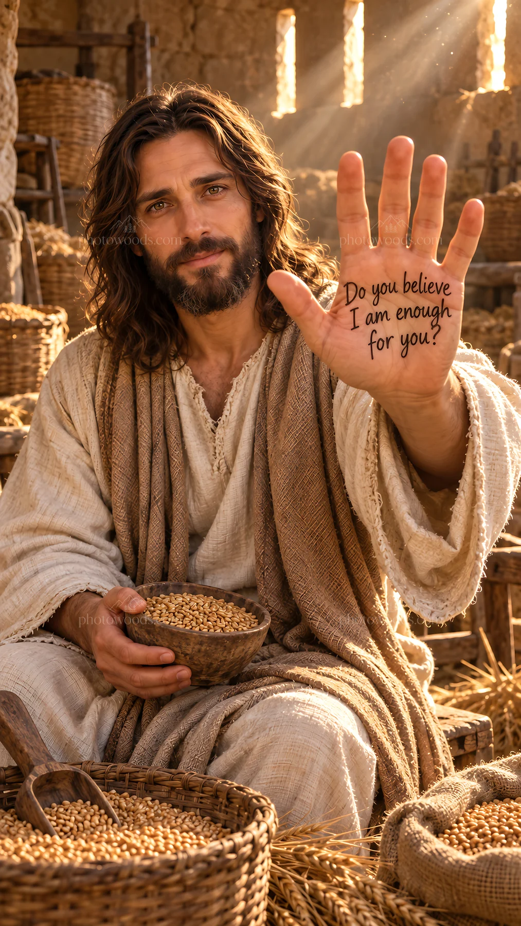 Jesus Christ sharing food with a welcoming gesture - AI-generated stock image