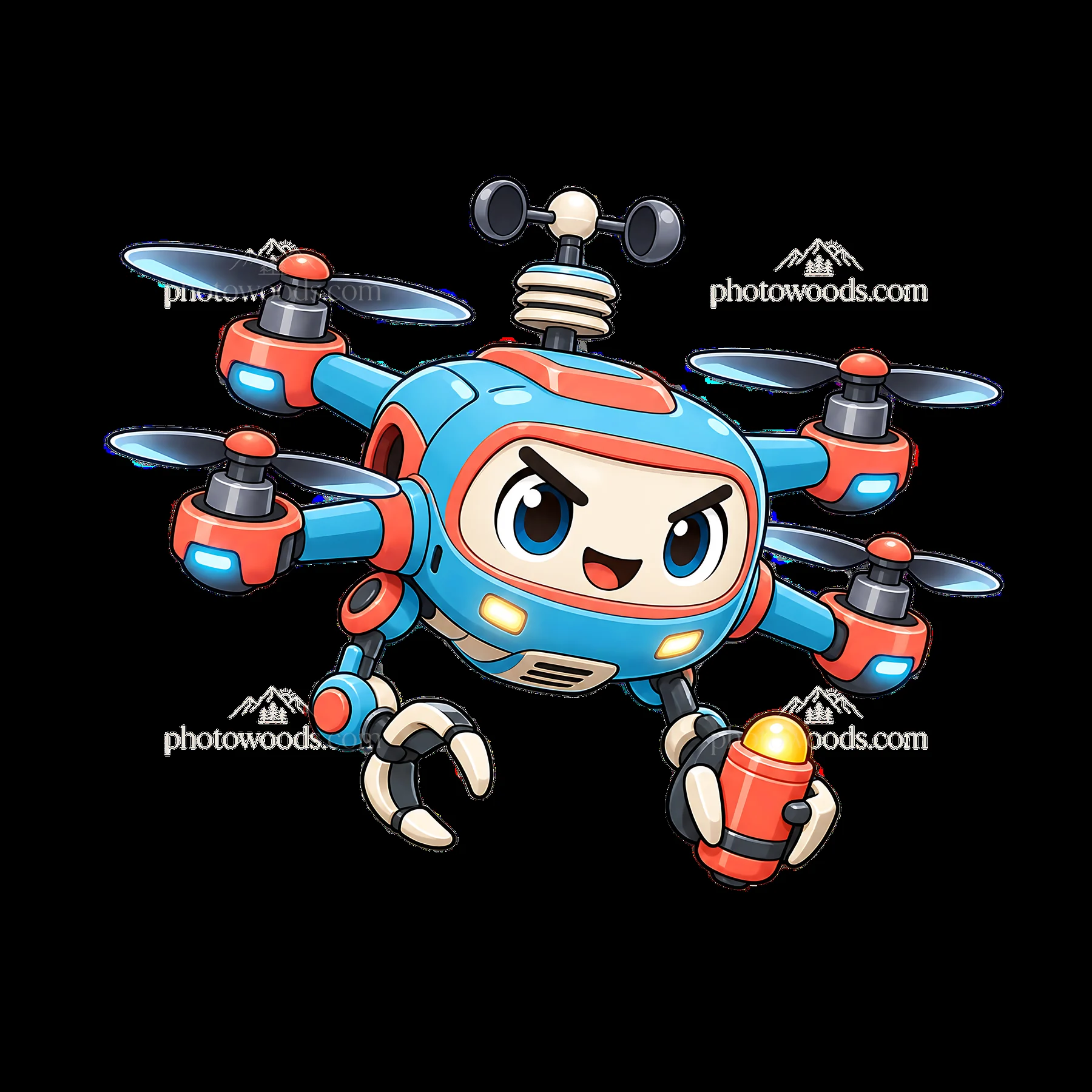 Cartoon drone character with a playful expression holding a gadget - AI-generated stock image
