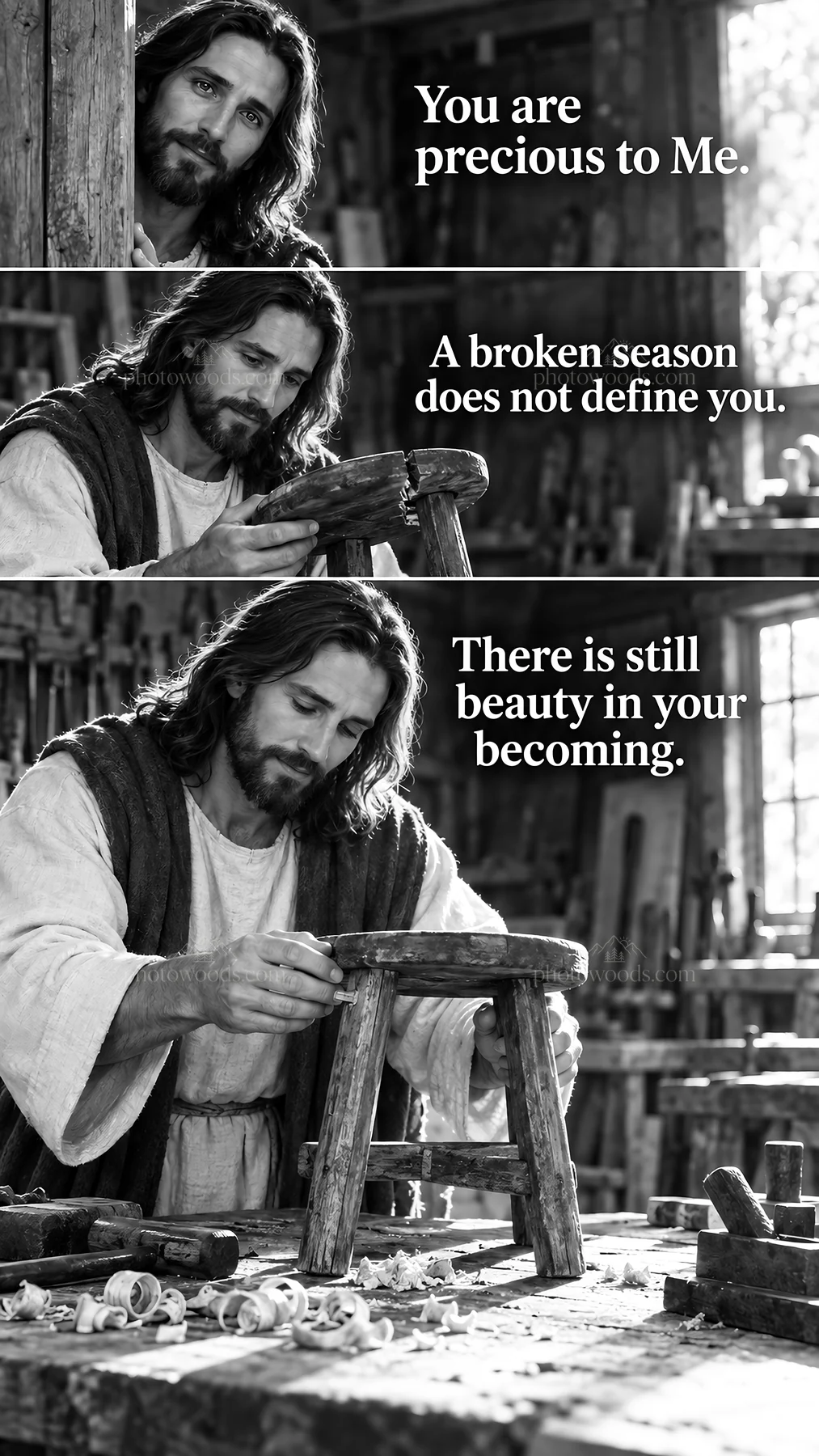 Jesus Christ working on a wooden stool in a workshop - AI-generated stock image