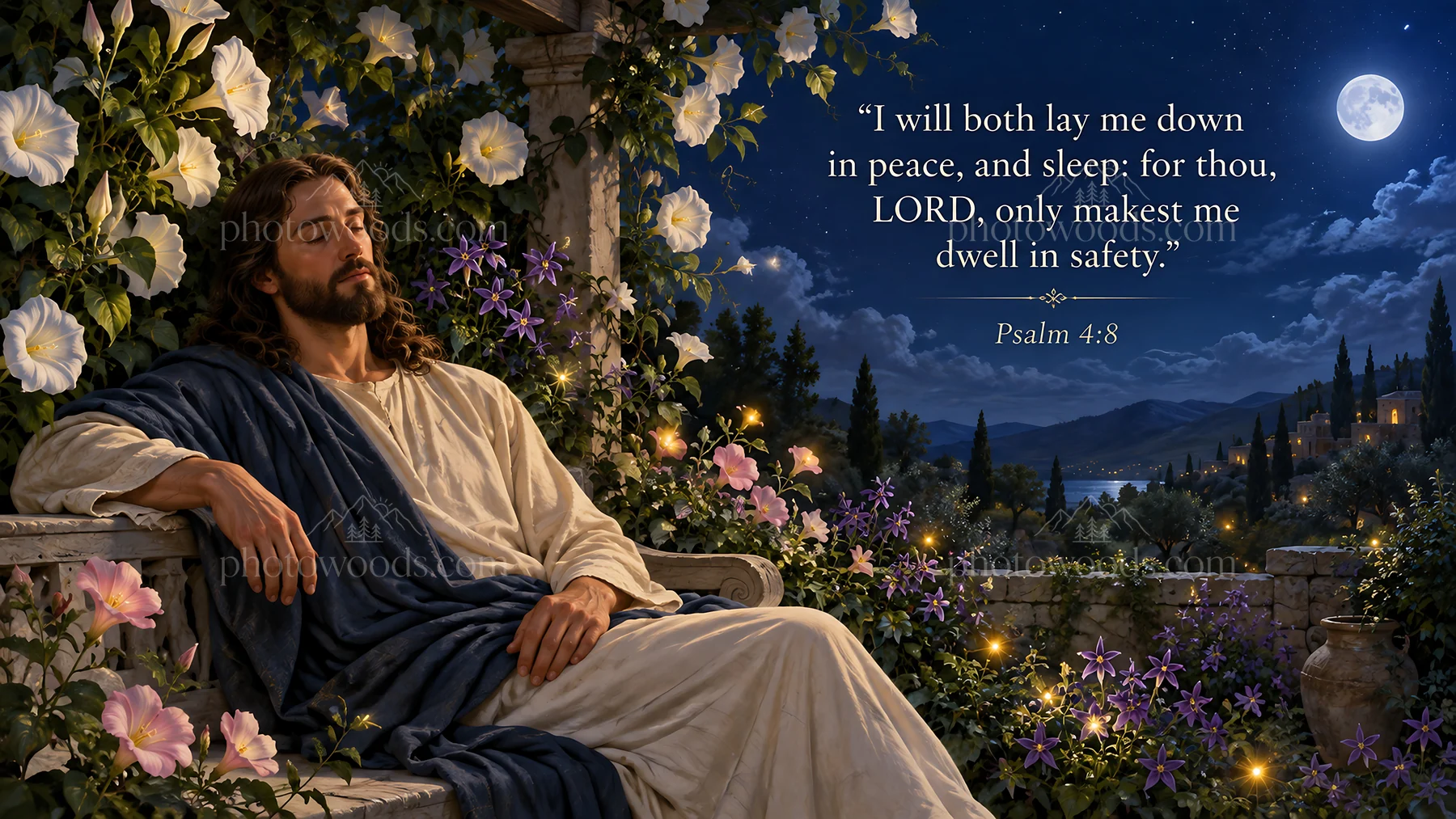 Jesus Christ resting among flowers in a tranquil garden - AI-generated stock image