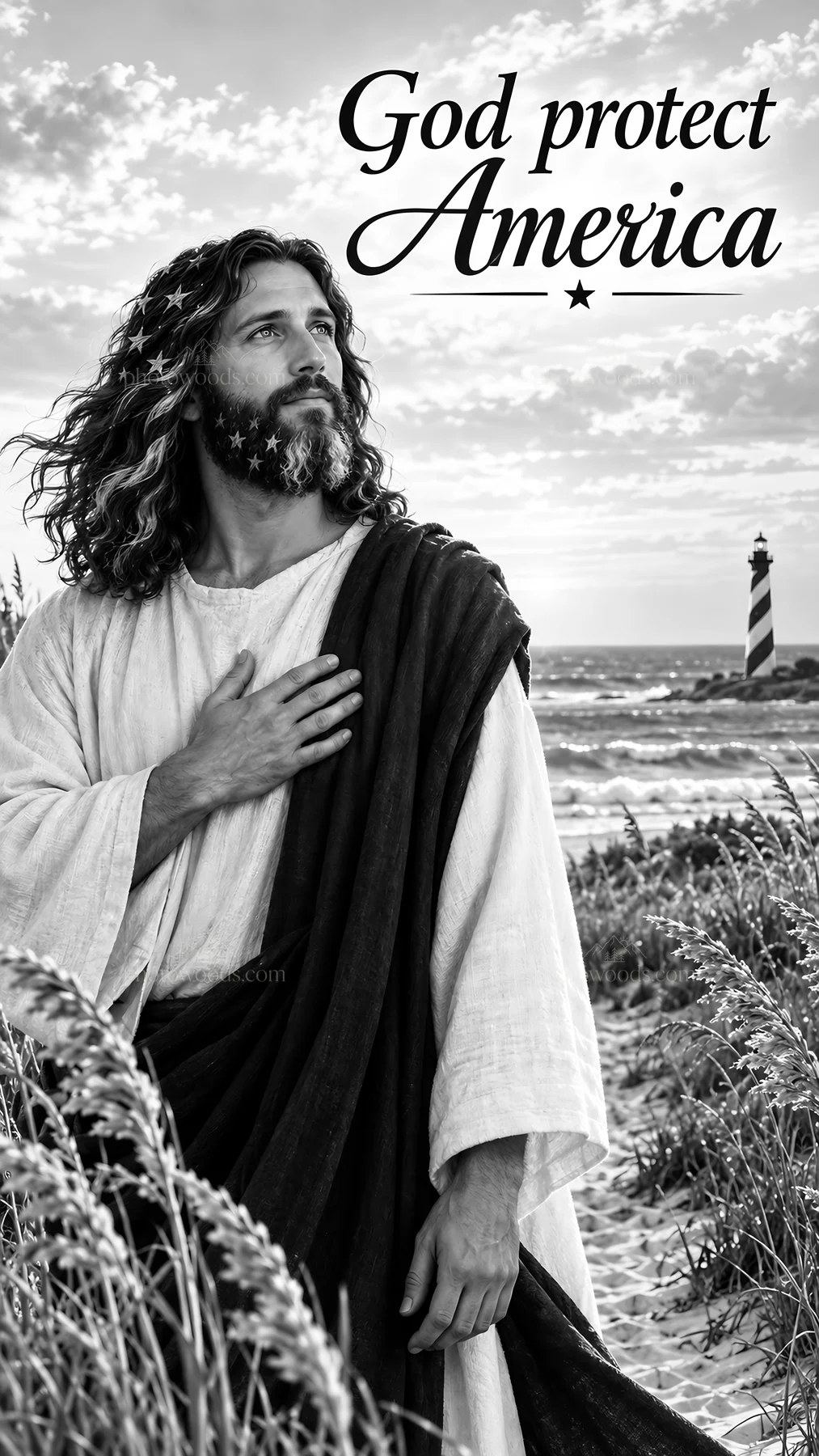 Jesus Christ standing on the shore with a hand on his heart - AI-generated stock image