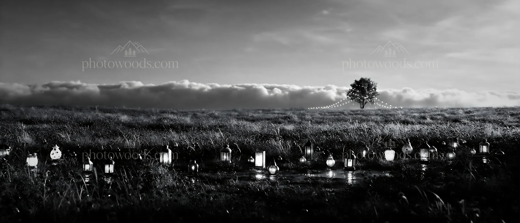 Vibrant lanterns illuminate winter meadow at dusk - AI-generated stock image