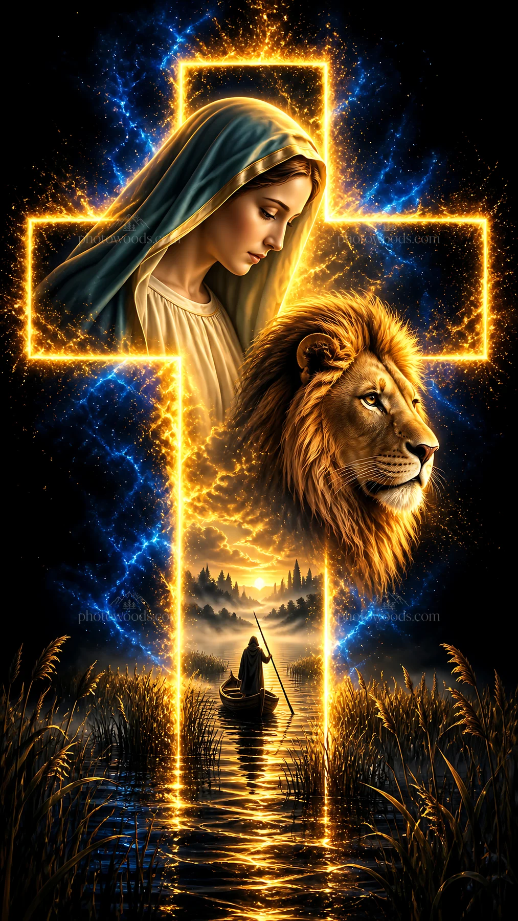 Jesus Christ with Mary and lion in a symbolic scene - AI-generated stock image