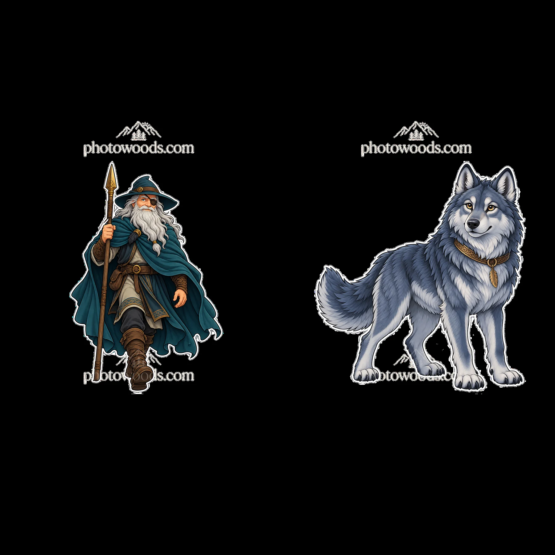 Odin the Norse All-Father with his wolf in a cartoon sticker set - AI-generated stock image
