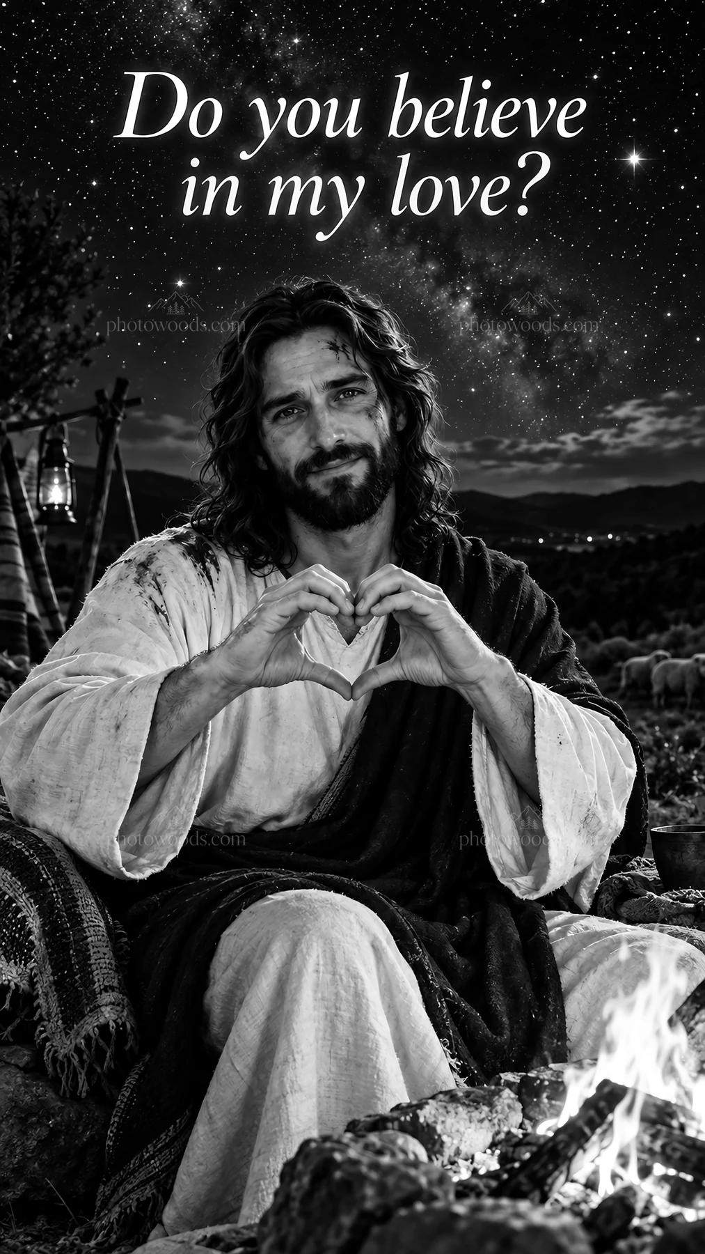 Jesus Christ sharing love by the fire - AI-generated stock image