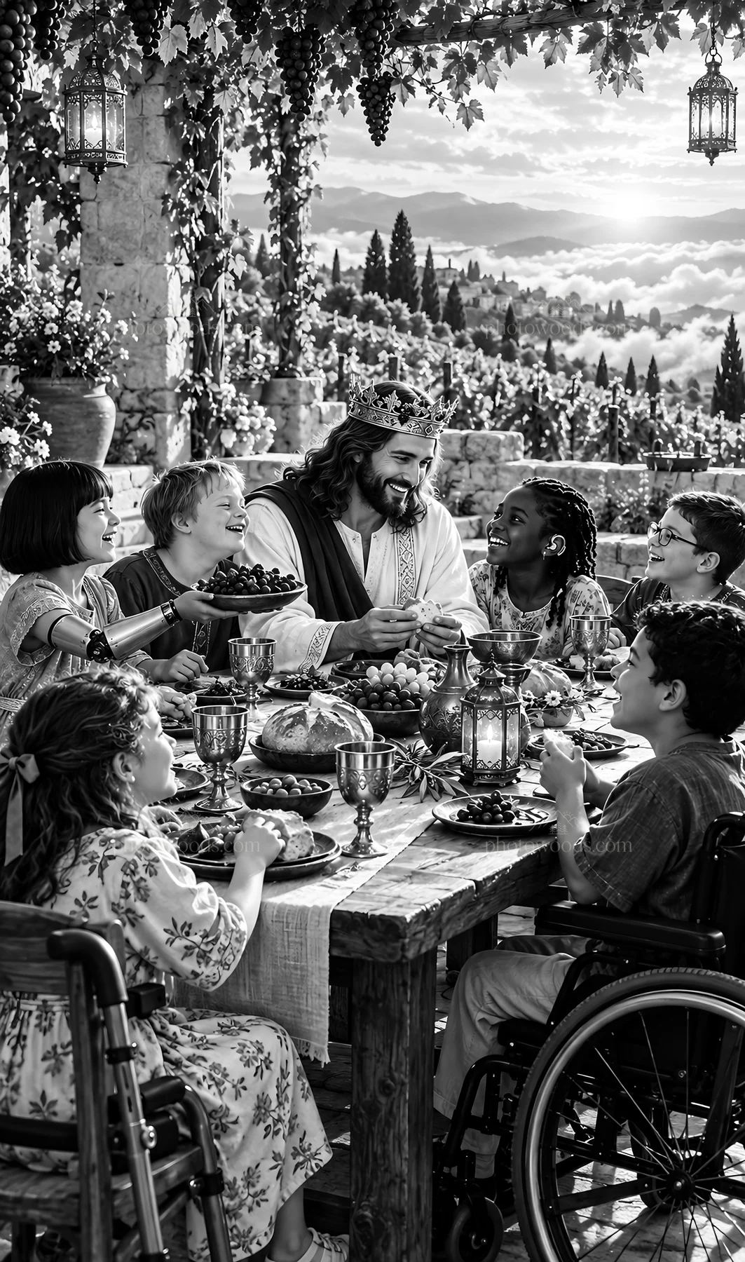 Jesus Christ shares a meal with children in a garden setting - AI-generated stock image