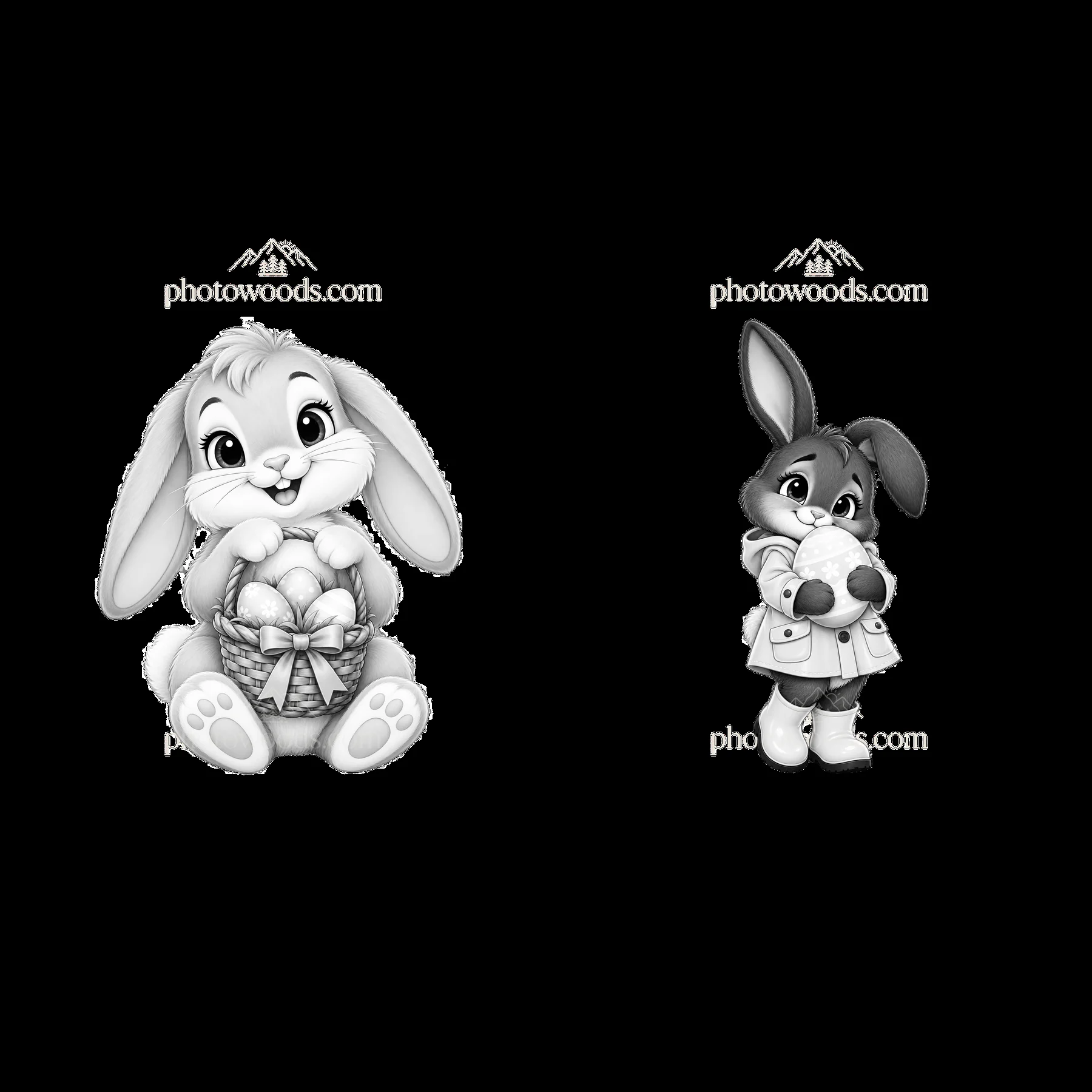 Easter bunny characters with eggs in a basket and holding egg - AI-generated stock image