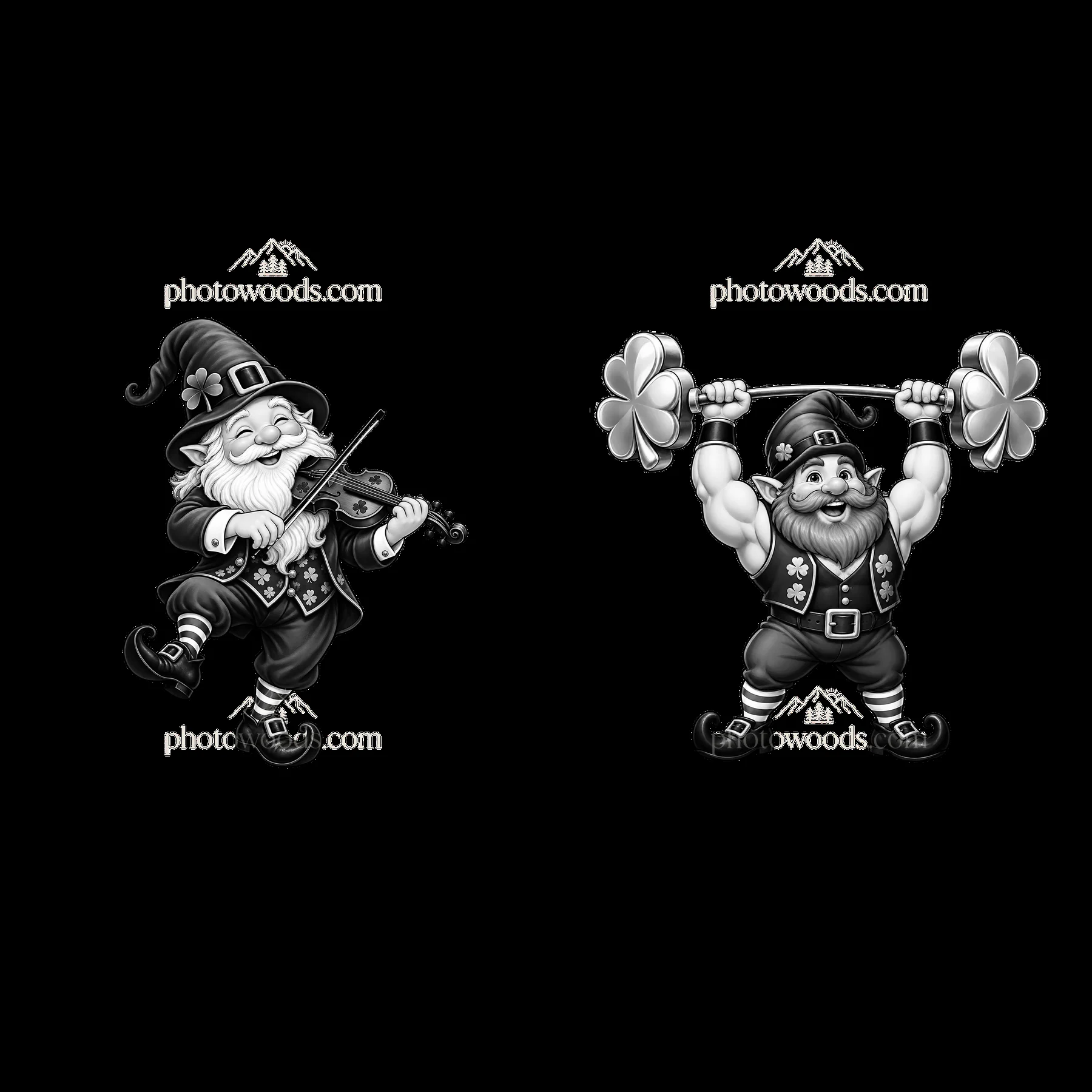 St. Patrick's Day gnome playing violin and lifting weights - AI-generated stock image