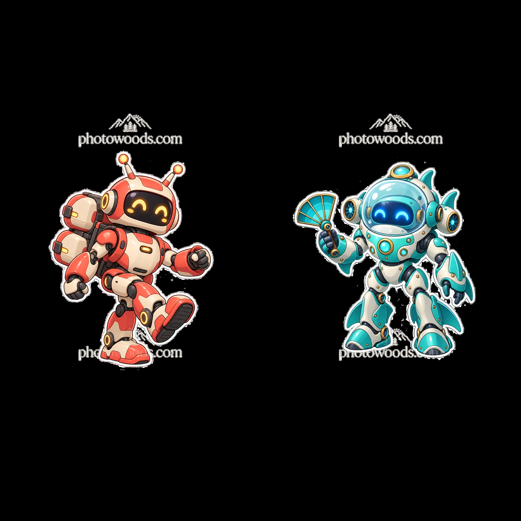 Colorful mech robots dancing and holding a fan in a fun scene - AI-generated stock image