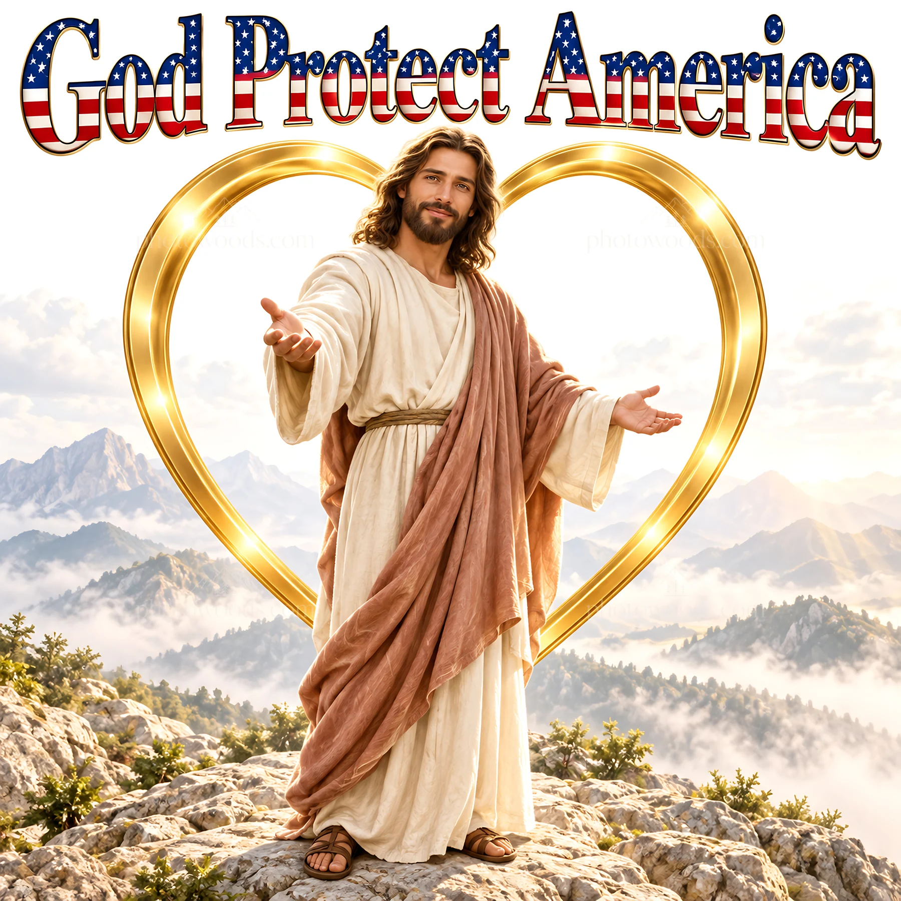 Jesus Christ welcoming viewers in a mountain setting - AI-generated stock image