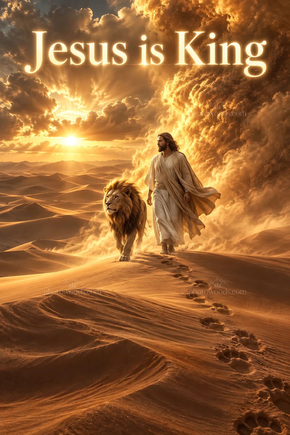 Jesus Christ walking in the desert with a lion - AI-generated stock image