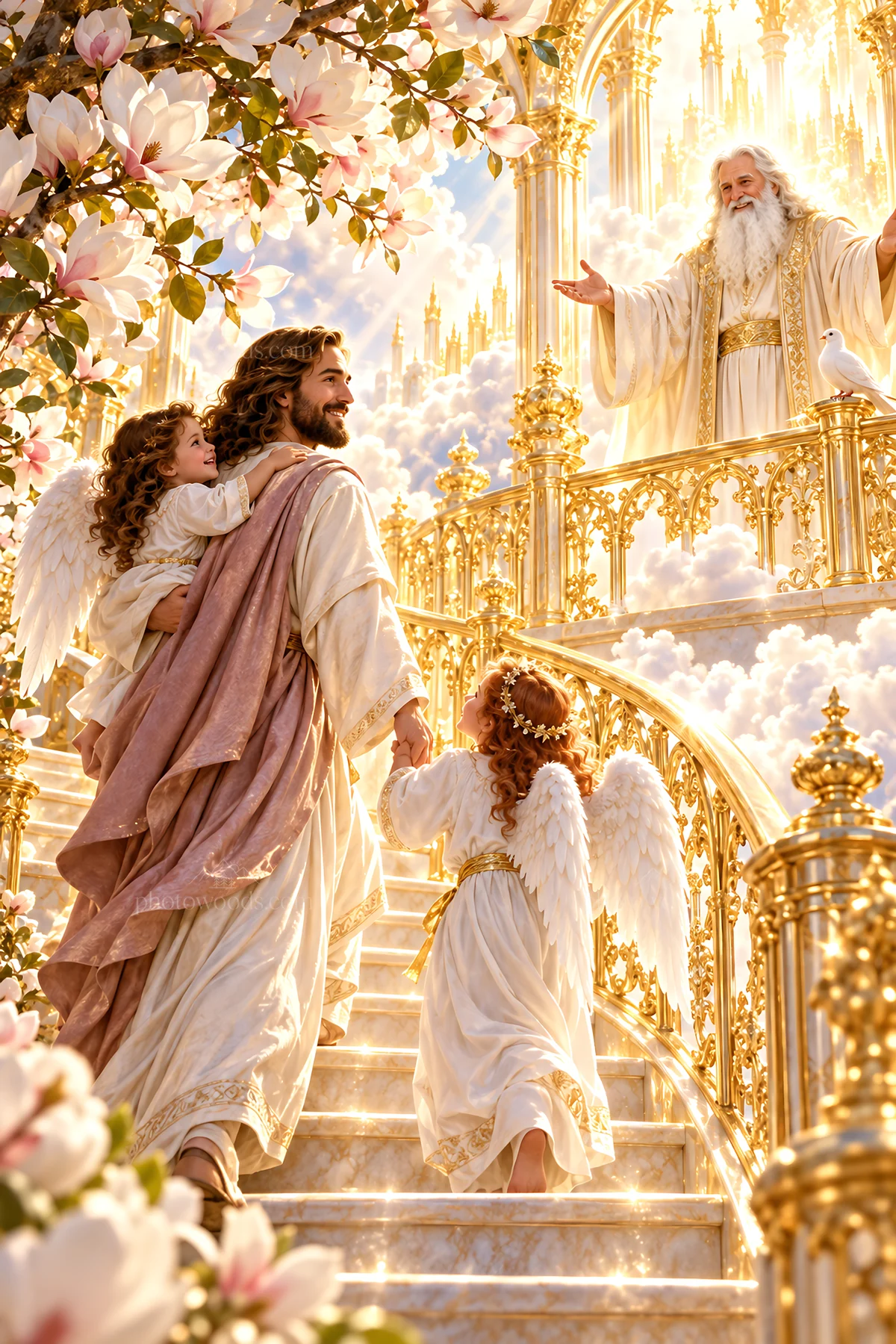 Jesus Christ guides children to the heavenly Father - AI-generated stock image