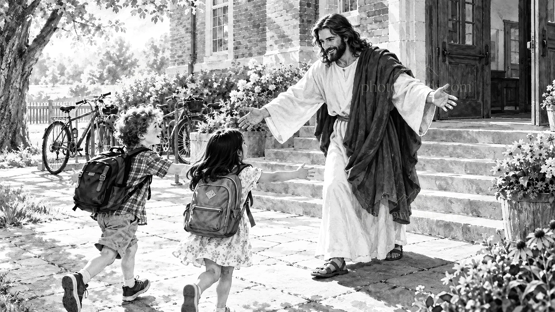 Jesus Christ welcoming children with open arms - AI-generated stock image