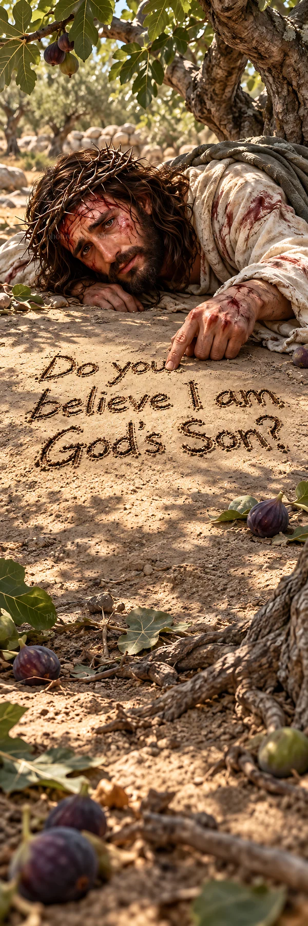 Jesus Christ writing in the ground with a question in the dirt - AI-generated stock image