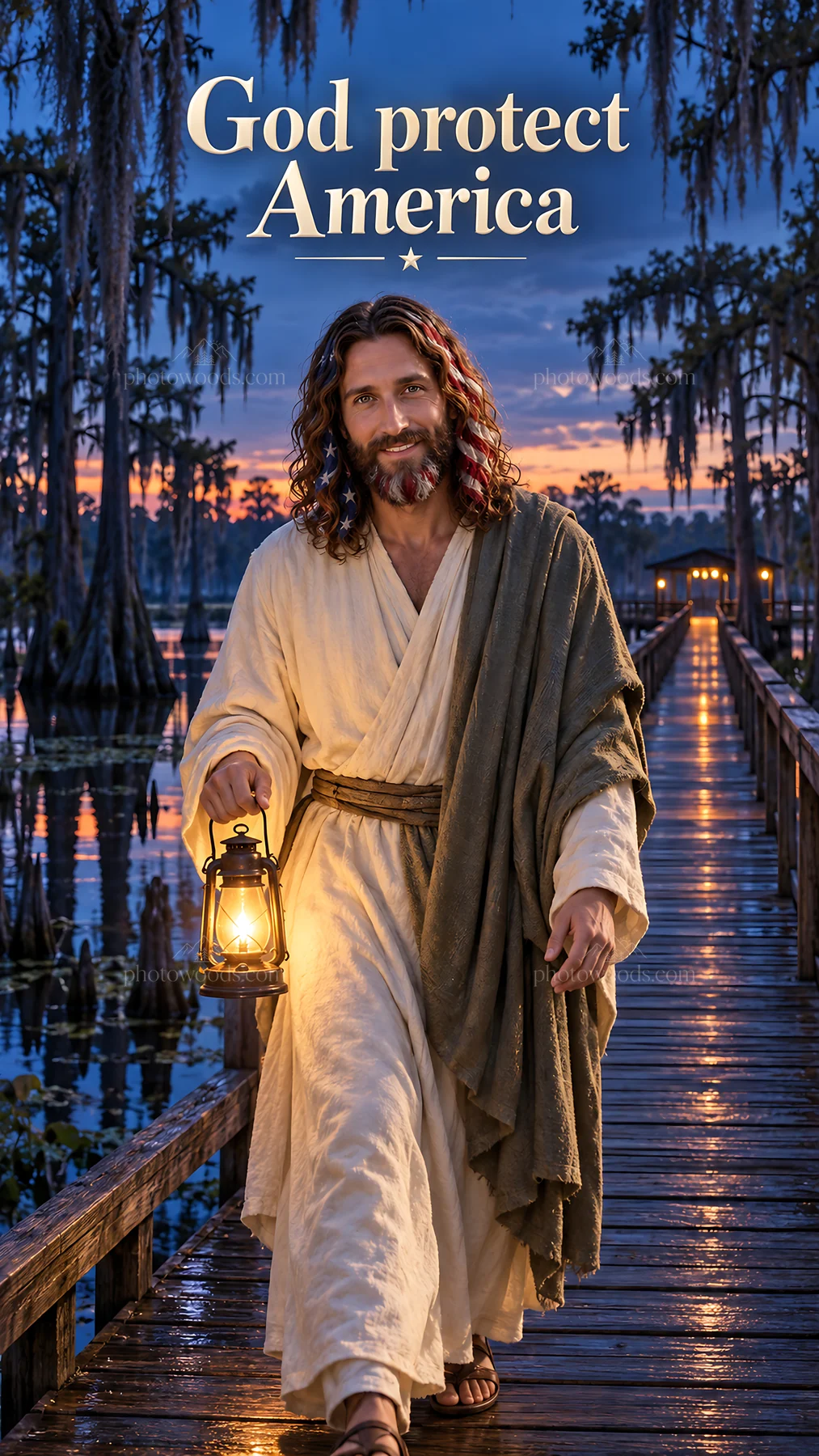 Jesus Christ walking on a path with a lantern at dusk - AI-generated stock image