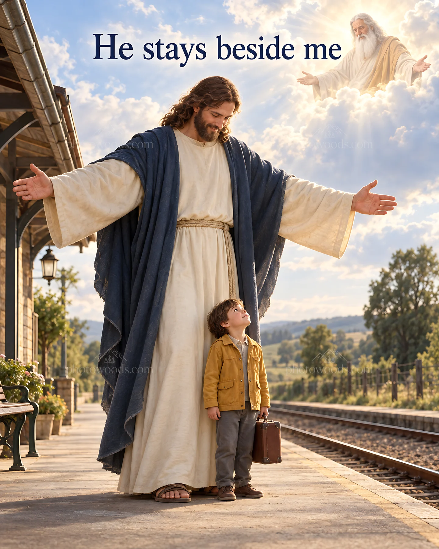 Jesus Christ welcomes a child at a train station - AI-generated stock image