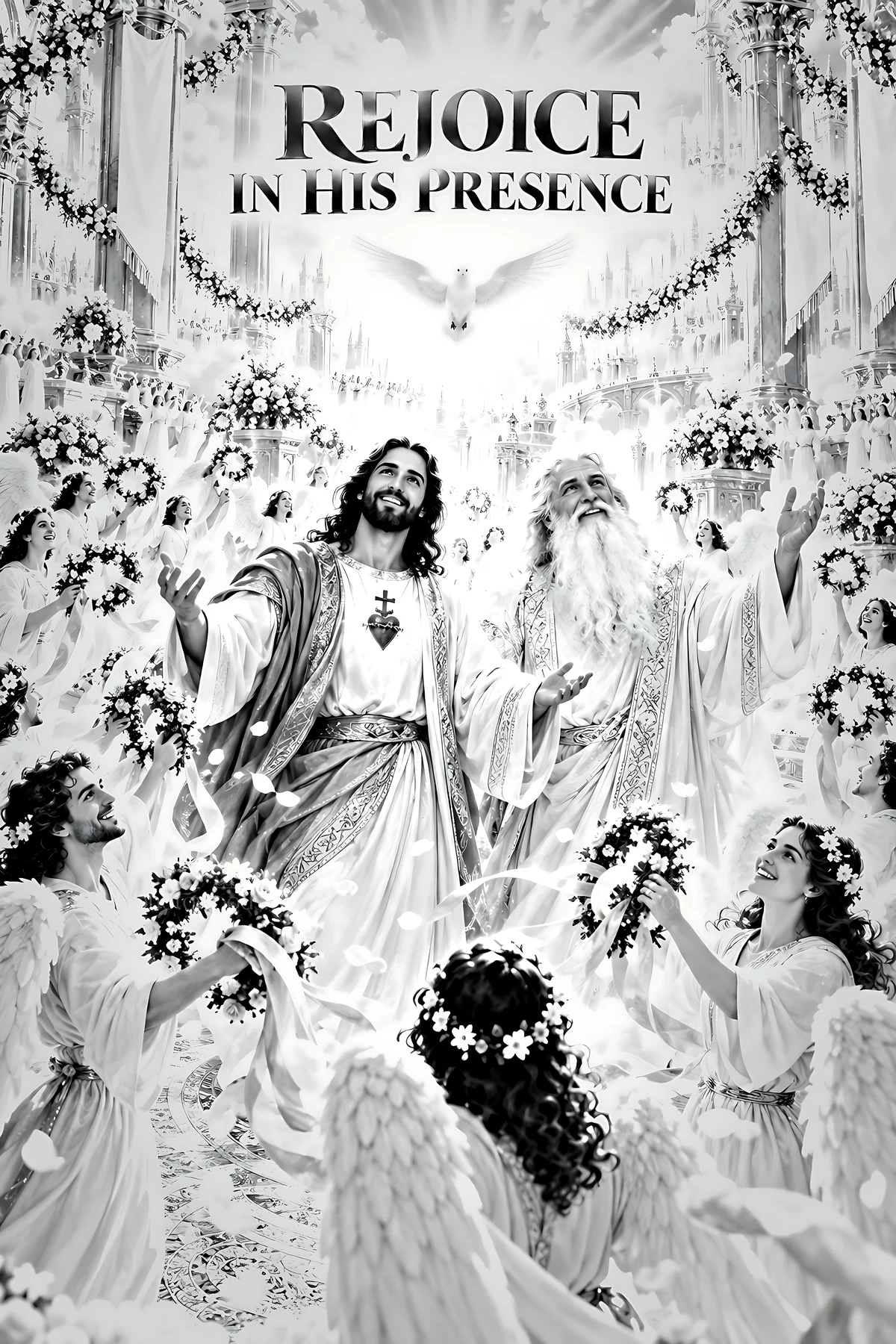 Rejoice in His presence with angels and divine figures - AI-generated stock image