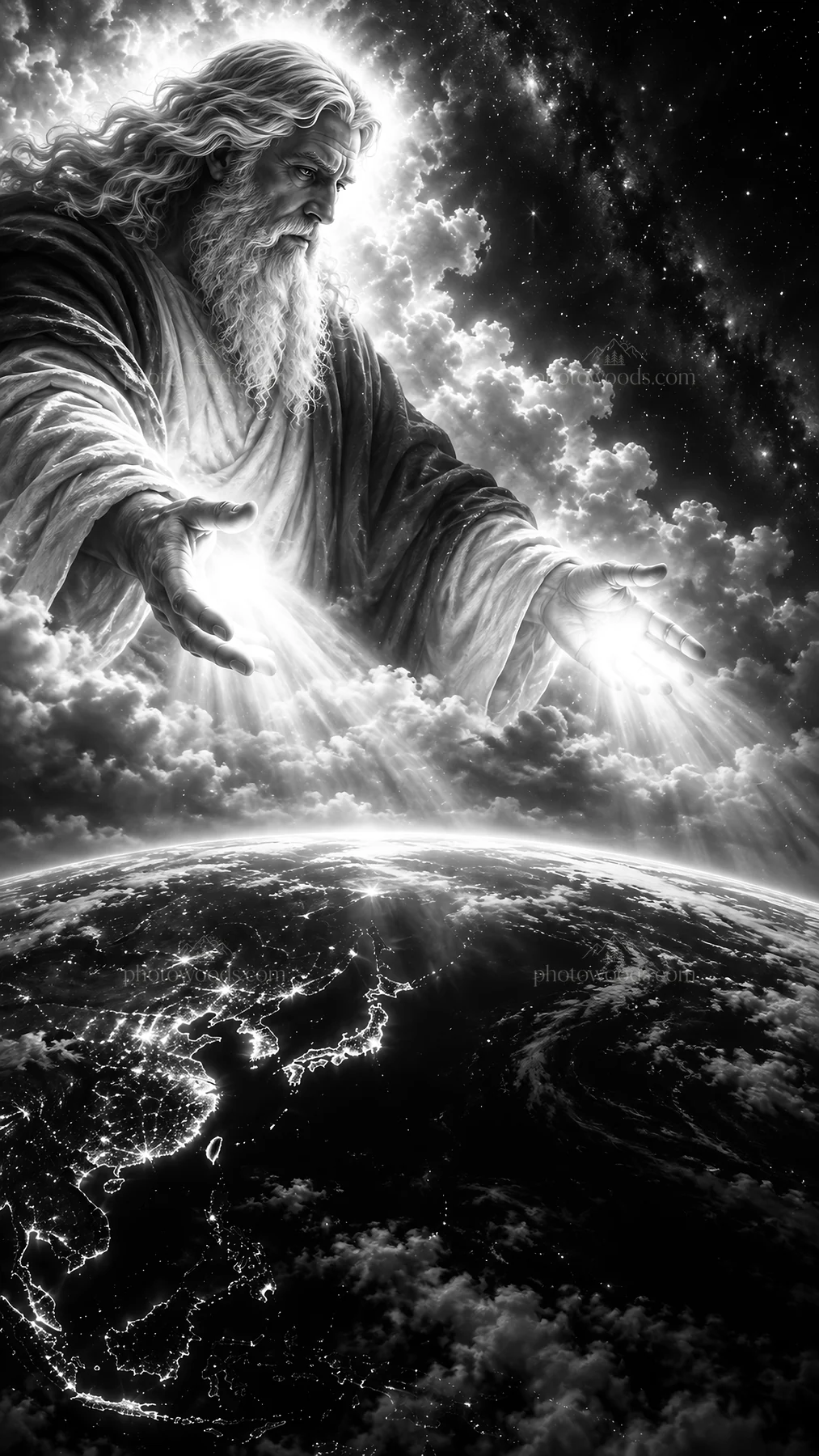 Jesus Christ reaching out towards the Earth - AI-generated stock image
