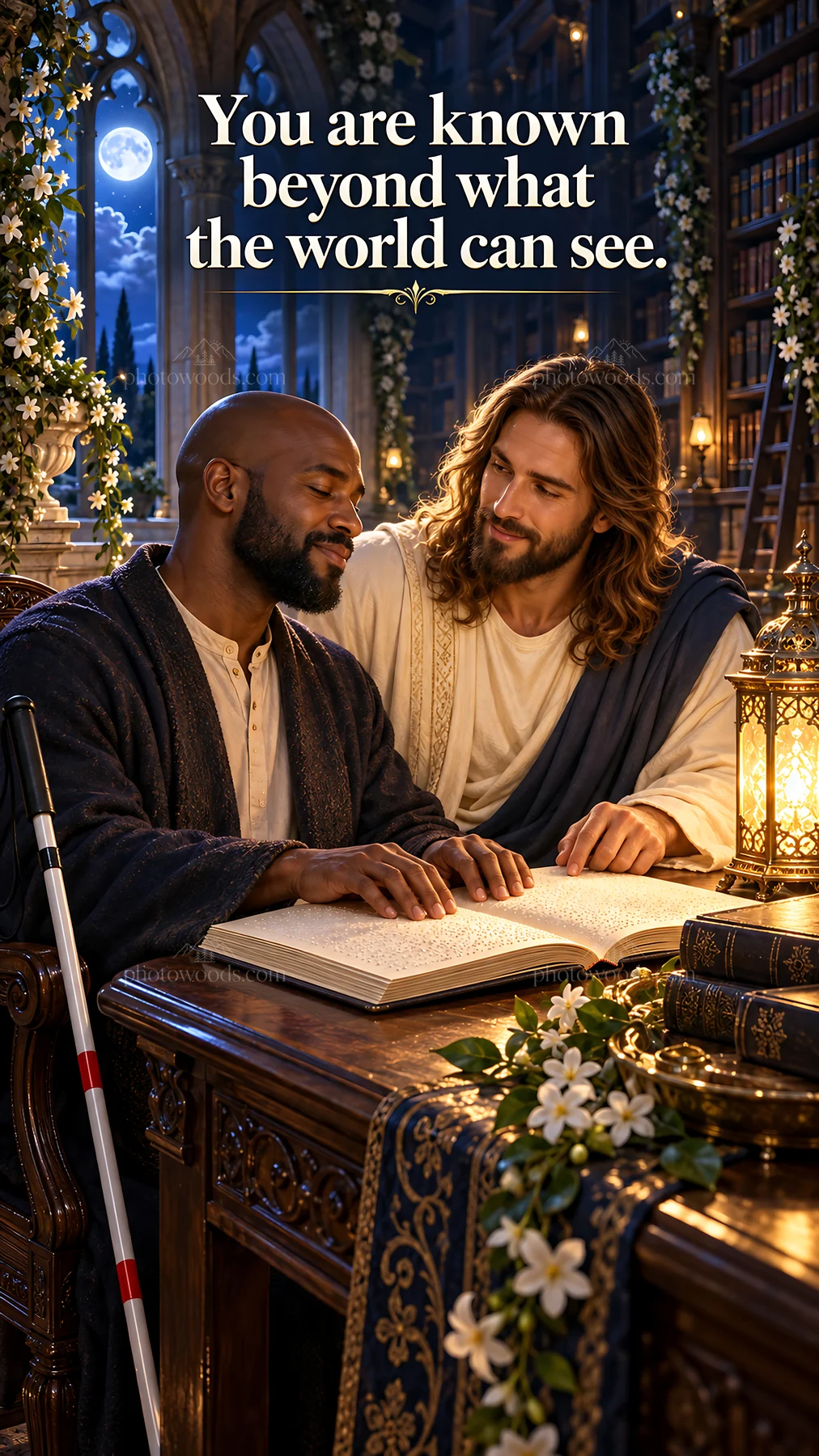 Jesus Christ shares wisdom in a library with a person - AI-generated stock image