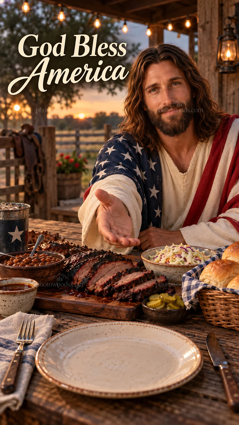 Jesus Christ welcoming at a meal with family and friends - AI-generated stock image