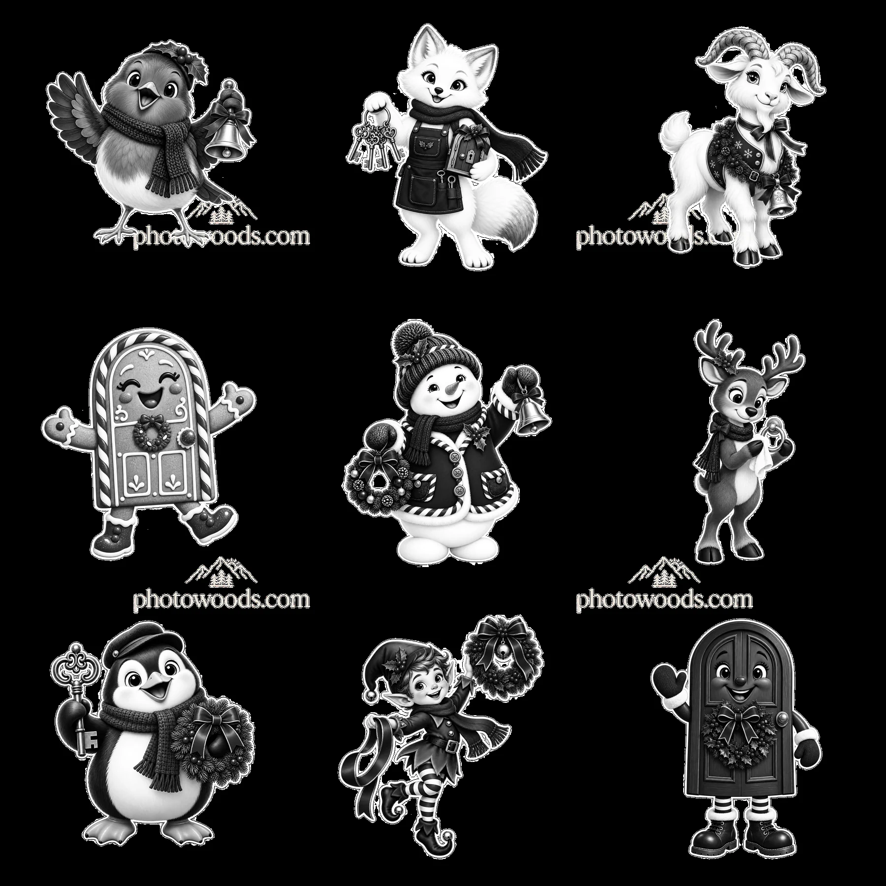Cute cartoon figures celebrating Christmas door decorations - AI-generated stock image