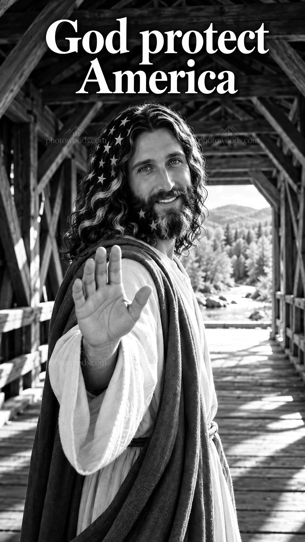 Jesus Christ offers a blessing in a rustic setting - AI-generated stock image