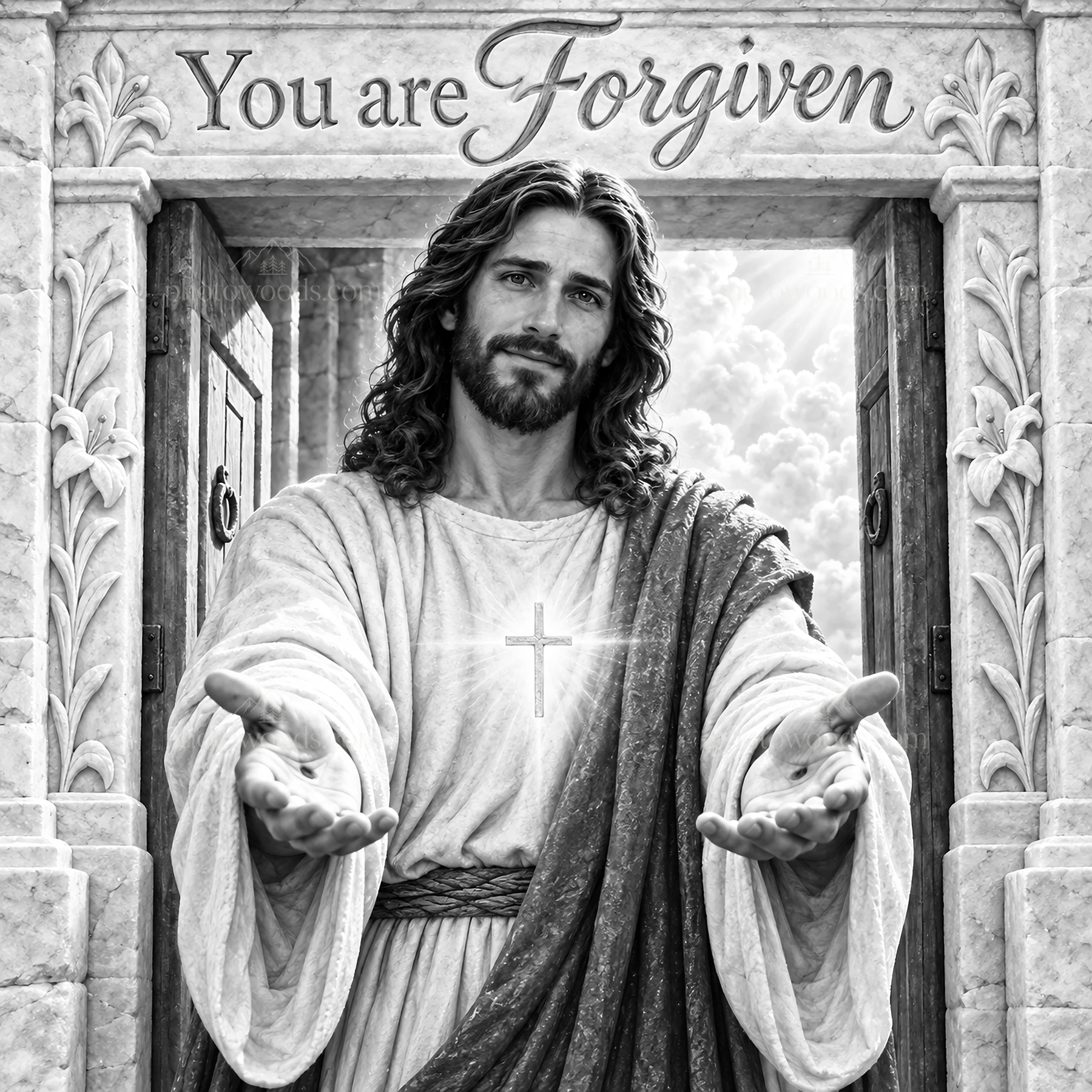 Jesus Christ welcomes with open arms and offers forgiveness - AI-generated stock image