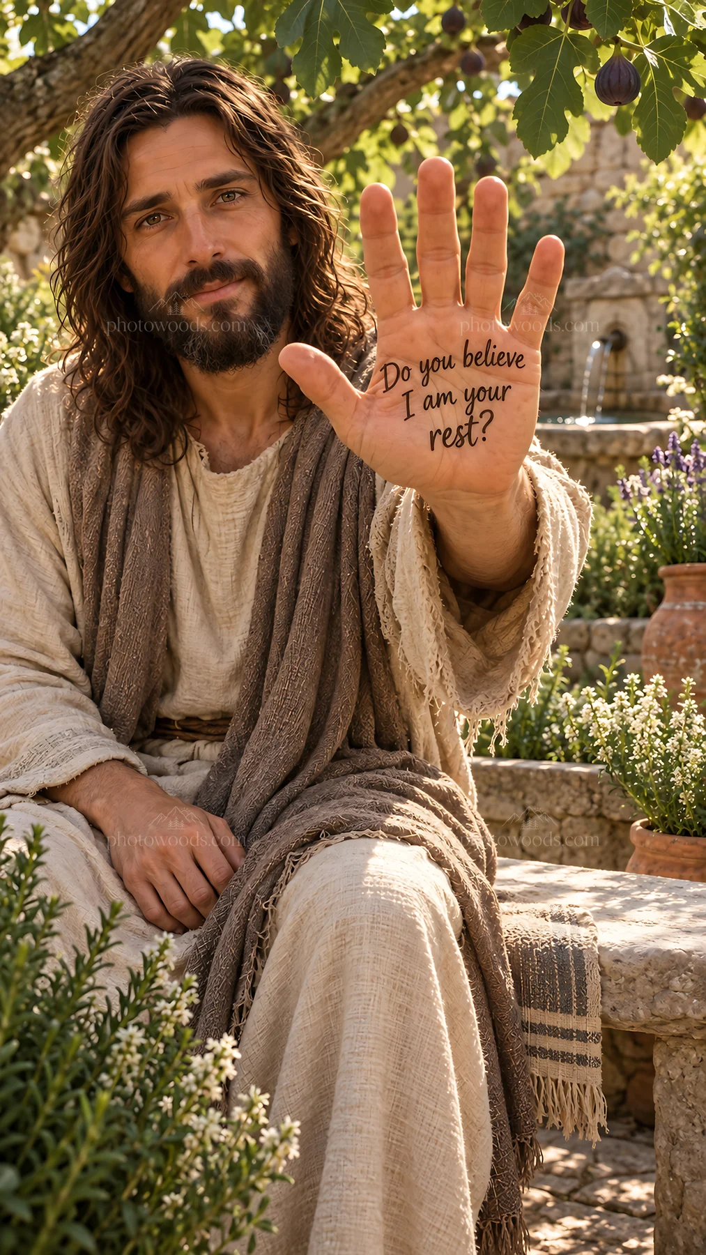 Jesus Christ offering comfort with the message of rest - AI-generated stock image