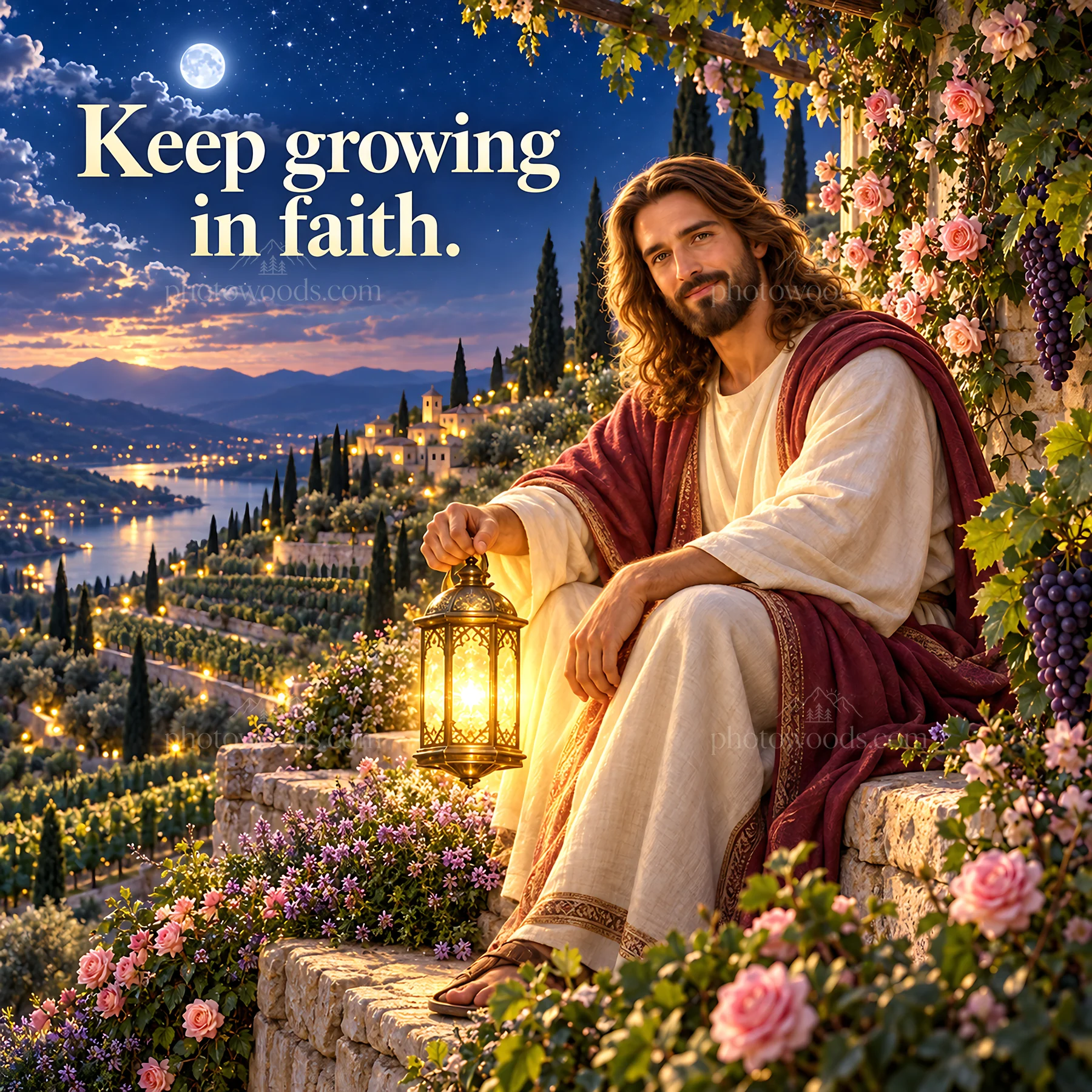 Jesus Christ sitting by a lantern in a vineyard at night - AI-generated stock image