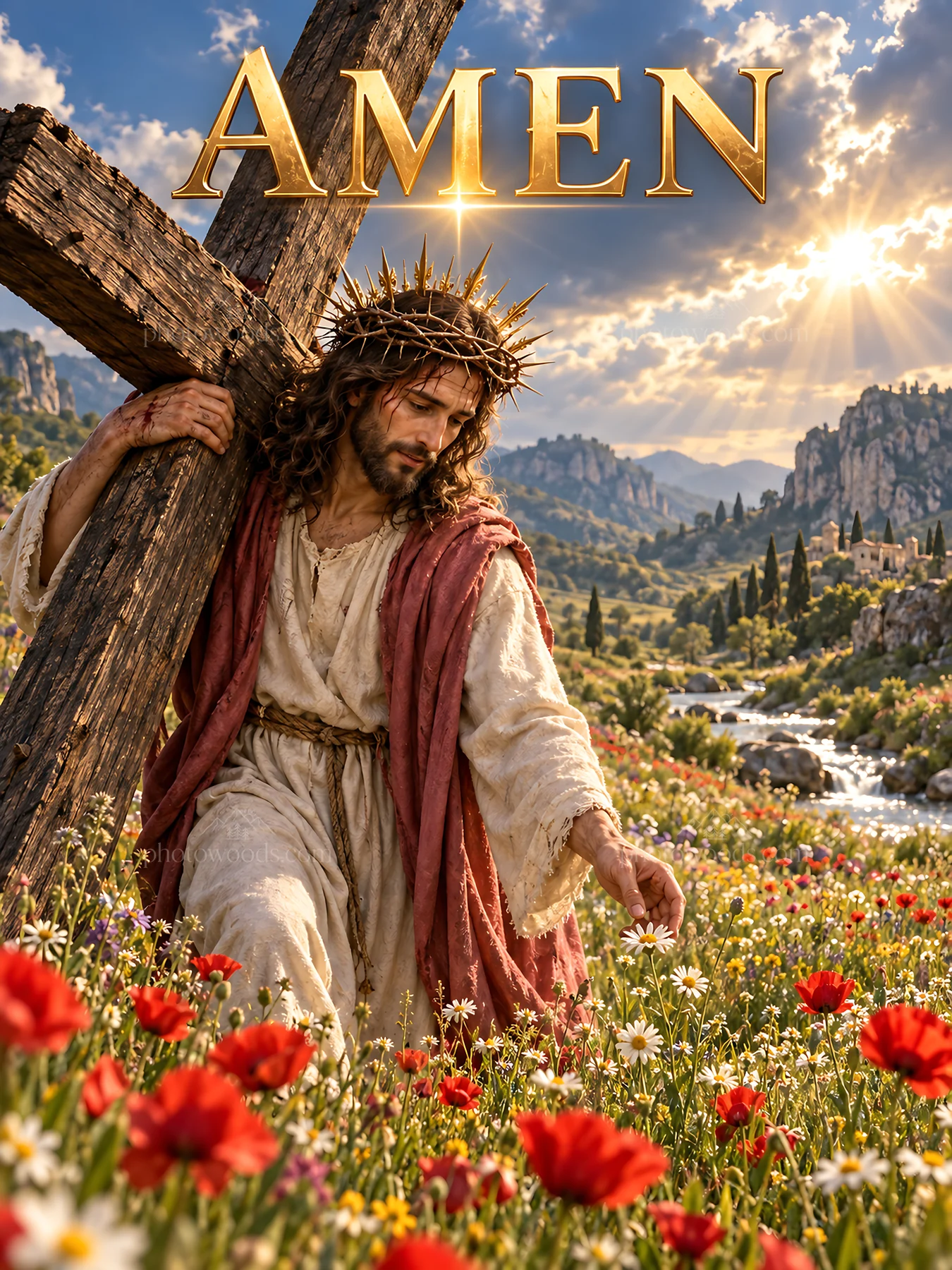 Jesus Christ carrying a cross through a field of flowers - AI-generated stock image
