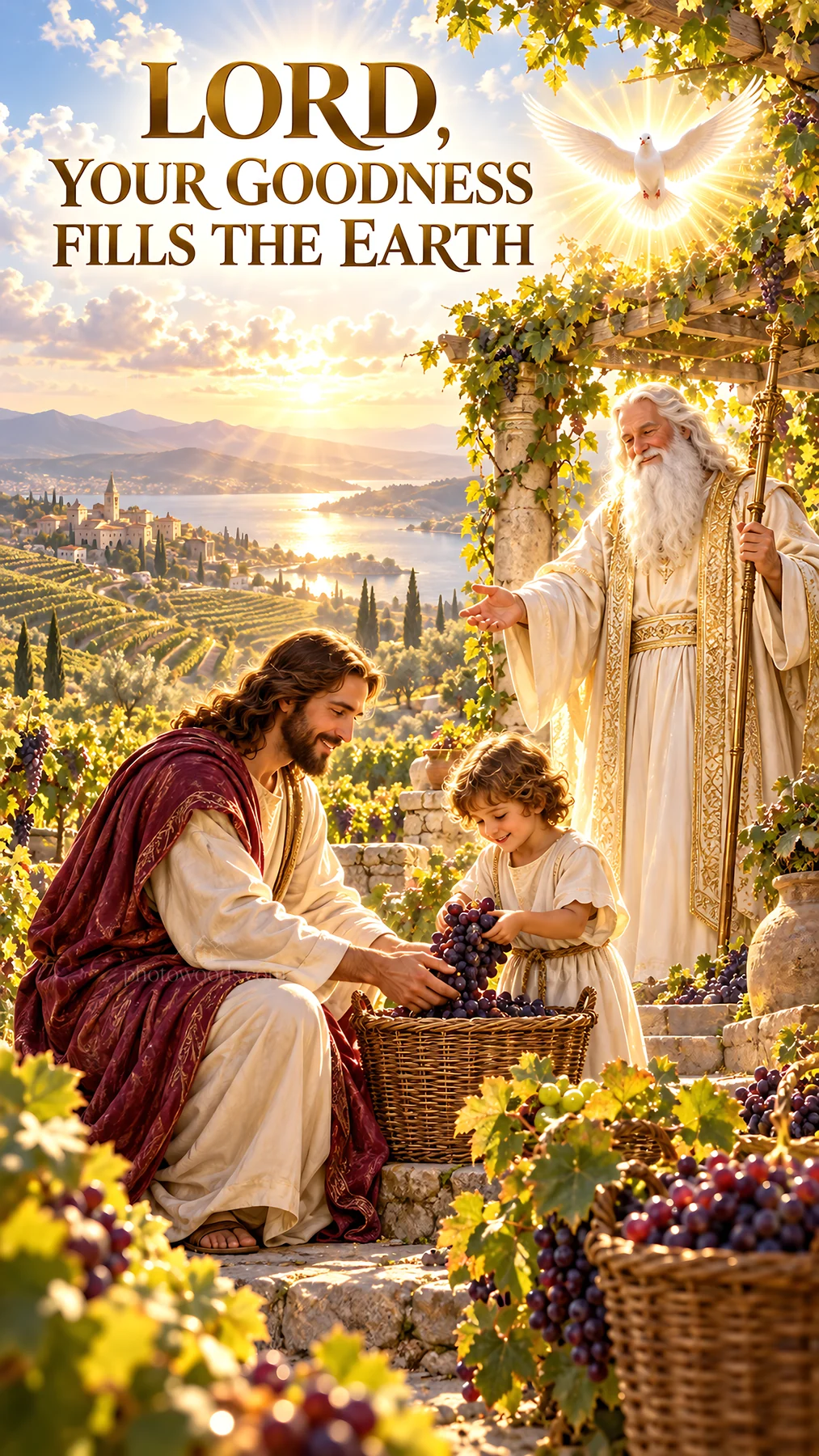 Jesus Christ sharing grapes with a child in a vineyard - AI-generated stock image