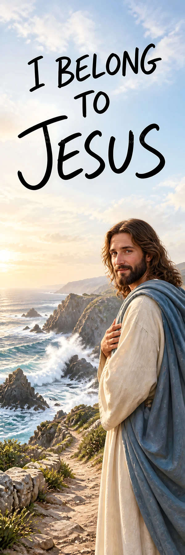 Jesus Christ standing by the sea welcoming the viewer - AI-generated stock image