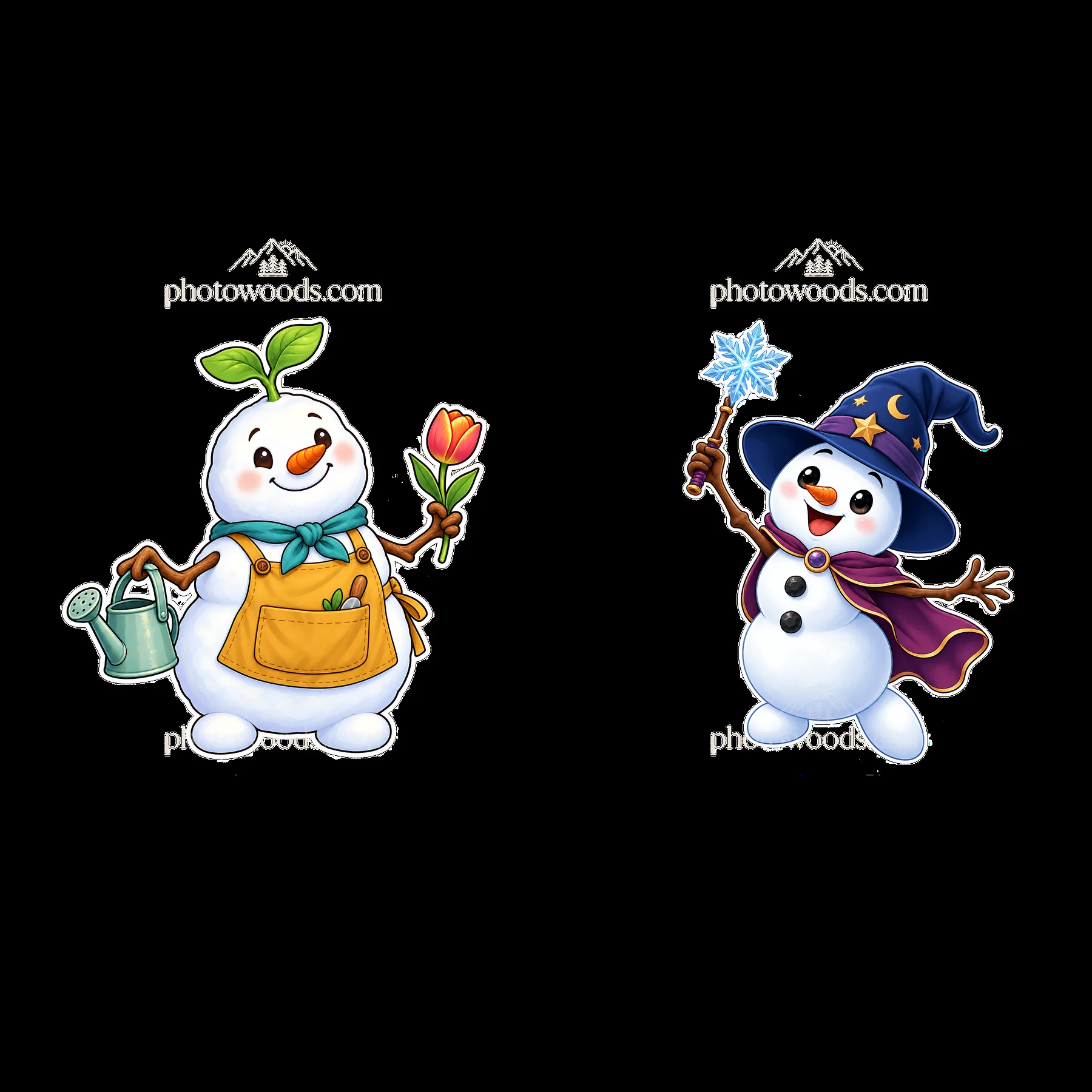 Snowman with watering can and flower beside snowman with wand - AI-generated stock image