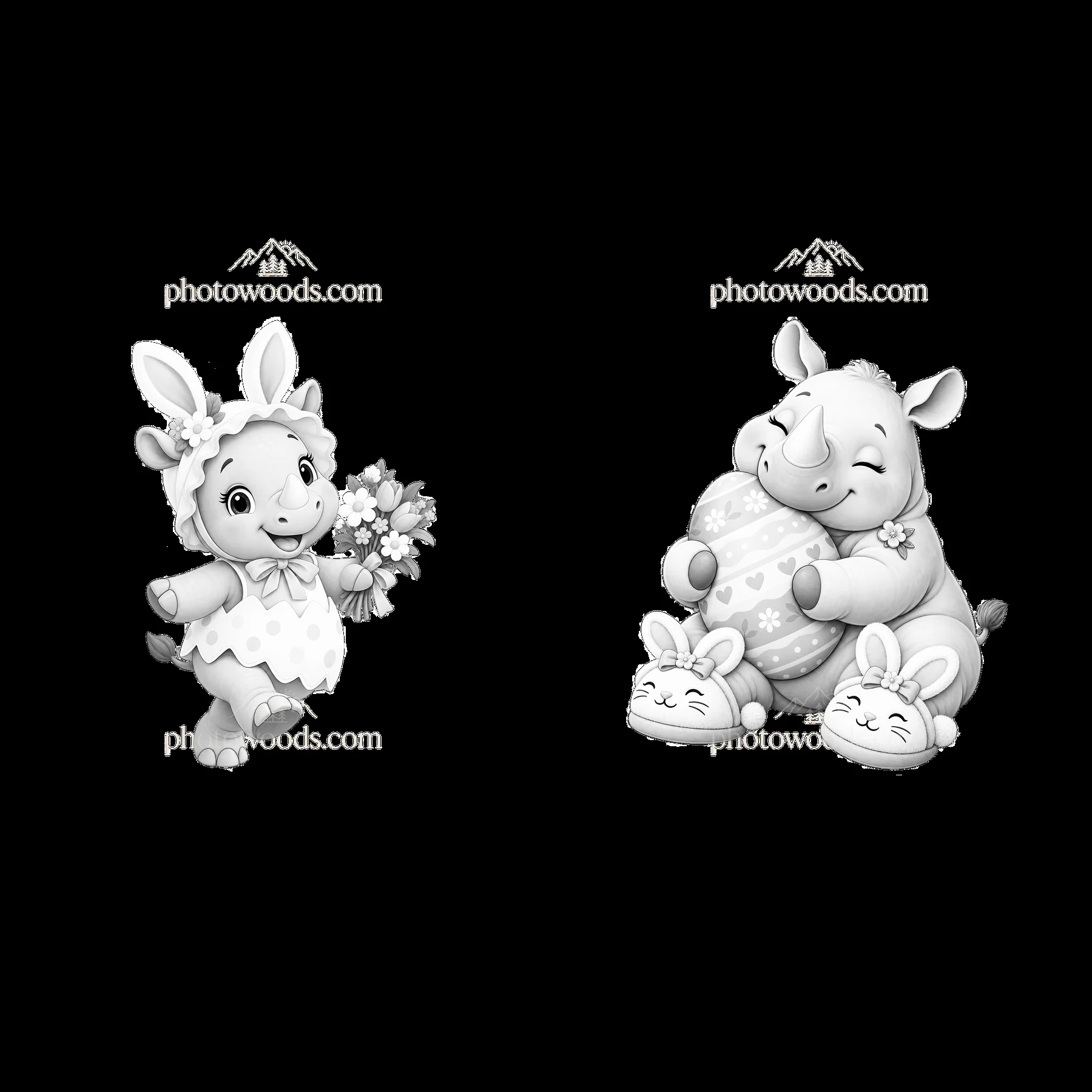 Easter rhinoceros and bunny character sticker illustration - AI-generated stock image