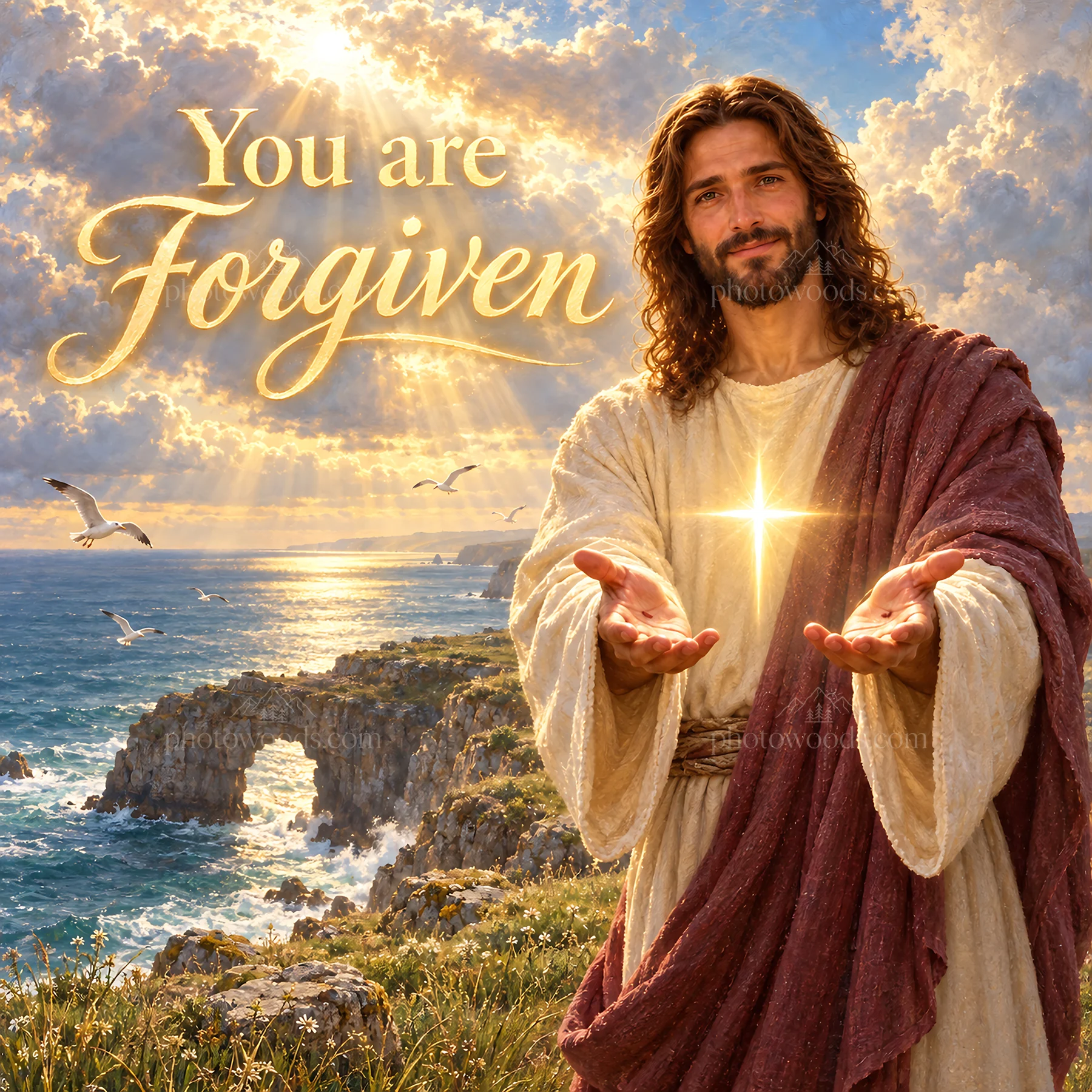Jesus Christ offers forgiveness by the ocean - AI-generated stock image