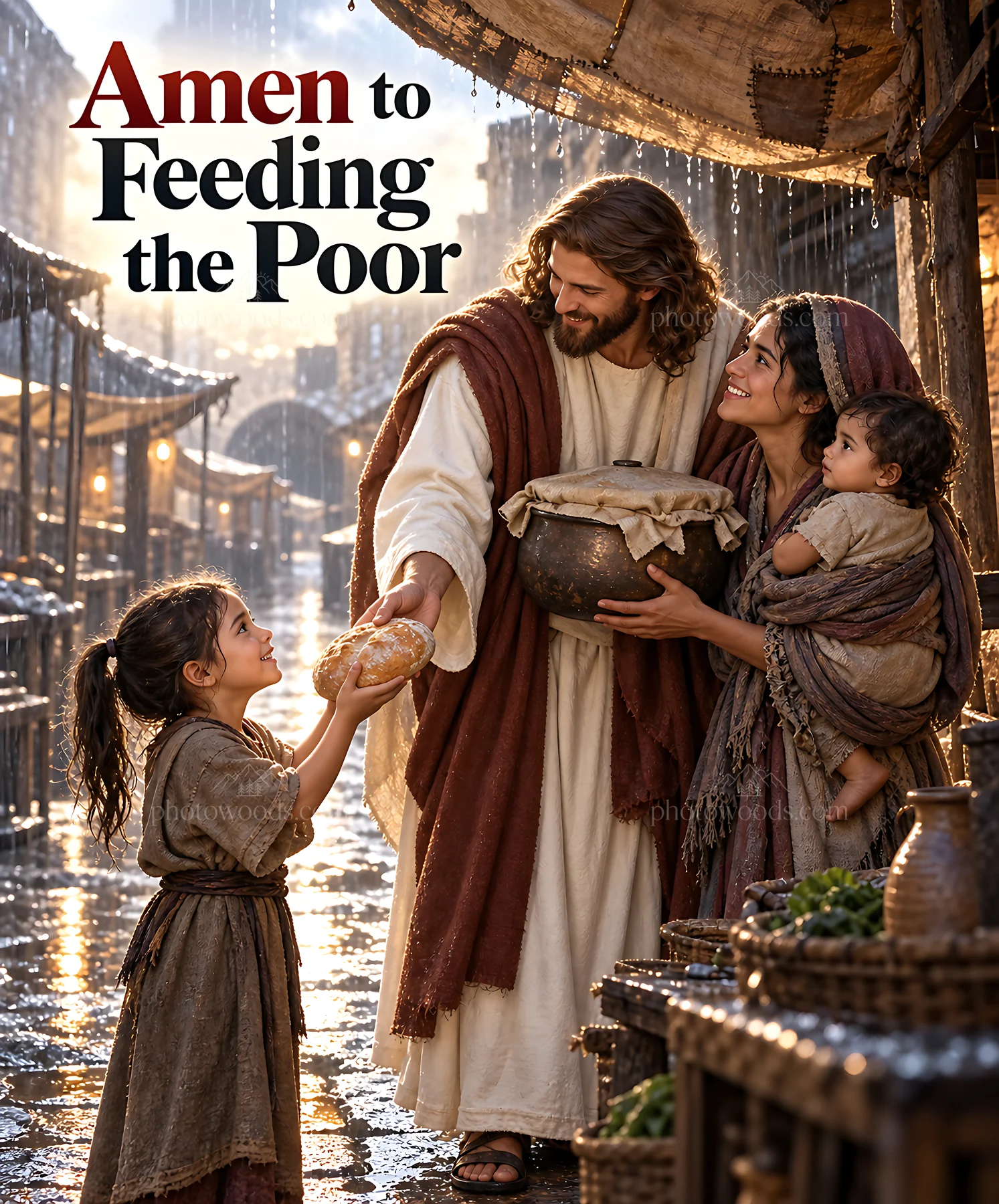 Kindness after the rain in a historic marketplace - AI-generated stock image