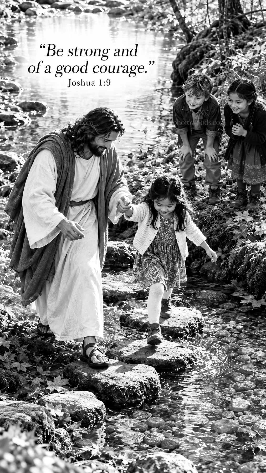 Jesus Christ guiding a child across stepping stones - AI-generated stock image