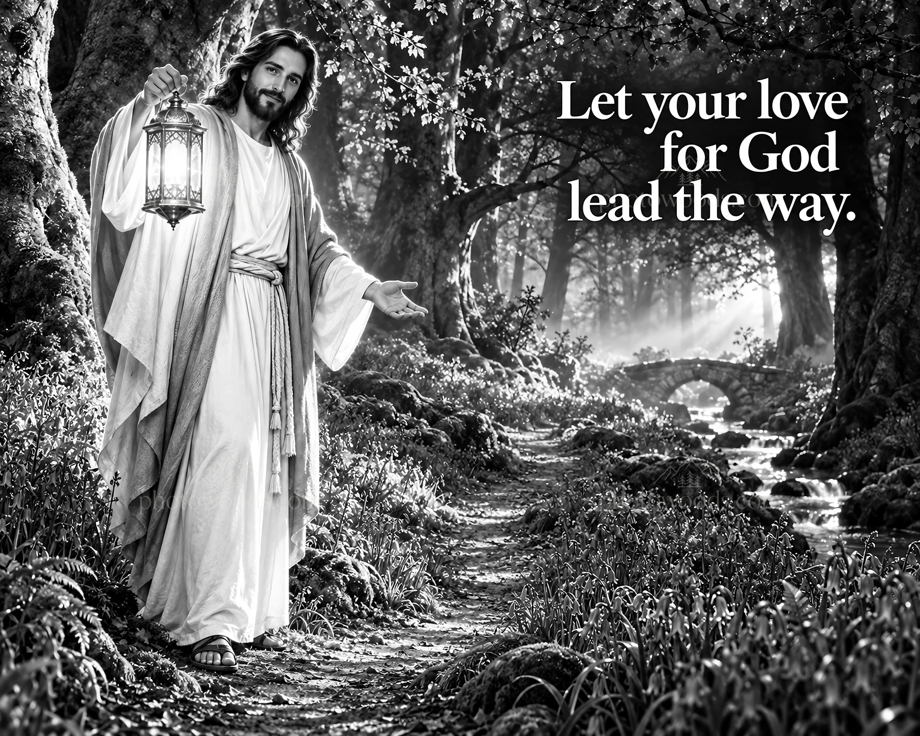 Jesus Christ guiding with a lantern on a forest path - AI-generated stock image