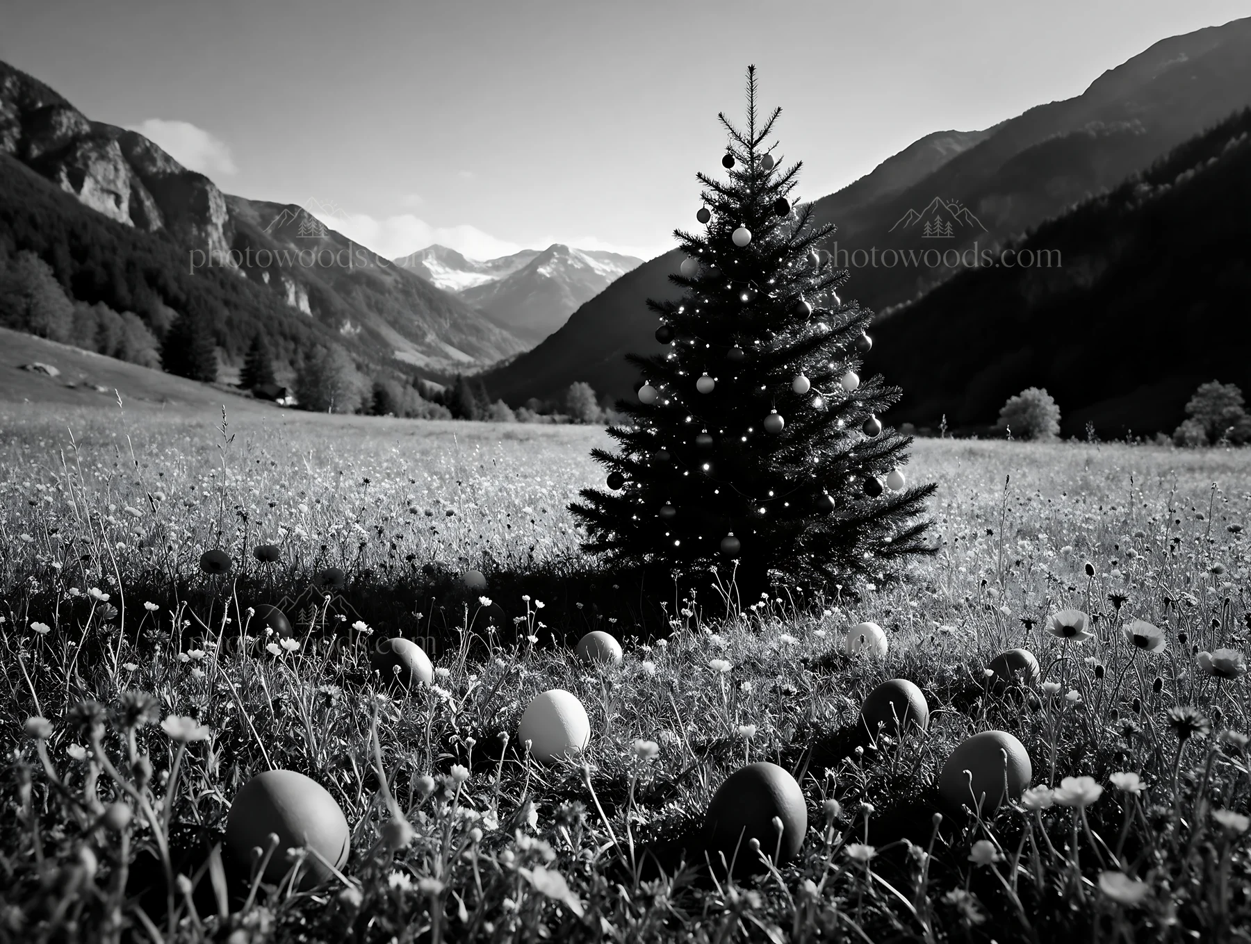 Decorated Christmas tree in mountain valley meadow - AI-generated stock image