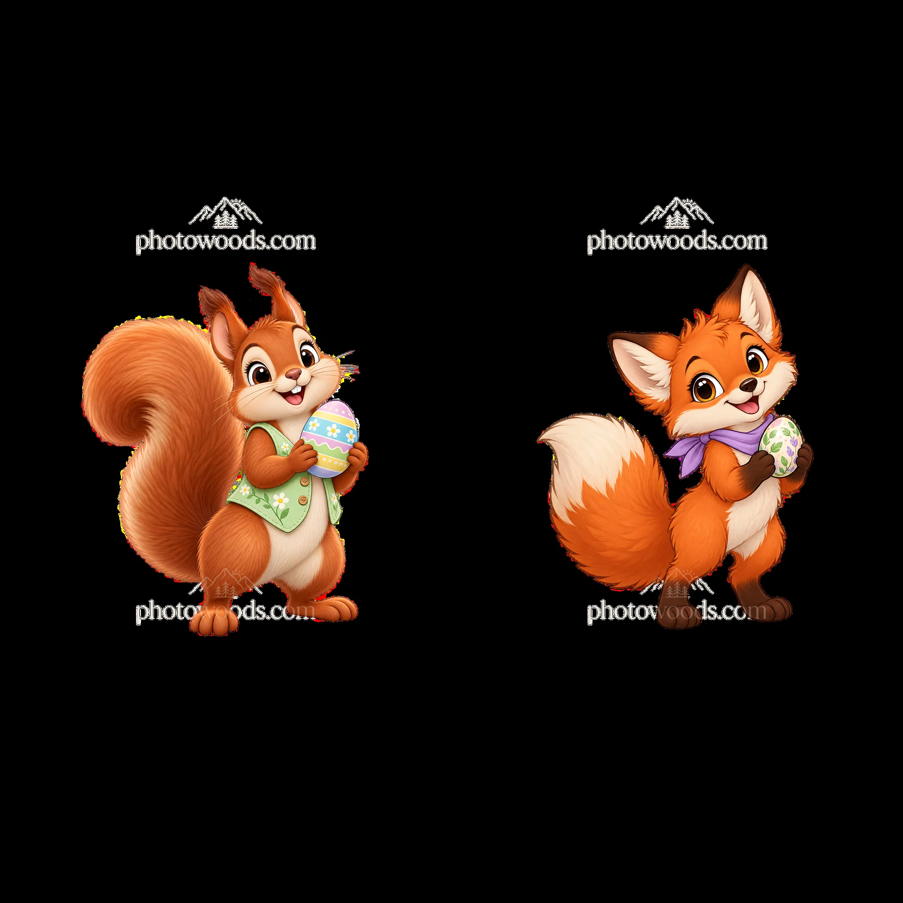 Easter themed cartoon squirrel and fox holding colorful eggs - AI-generated stock image