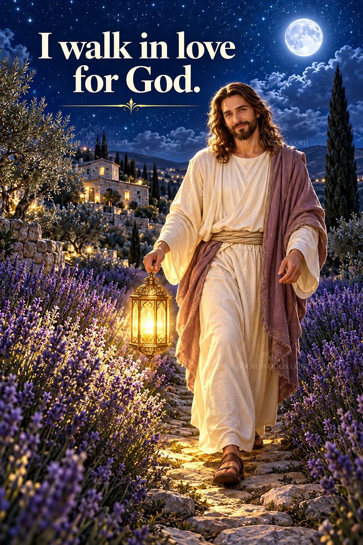 Jesus Christ walking with a lantern among lavender at night - AI-generated stock image