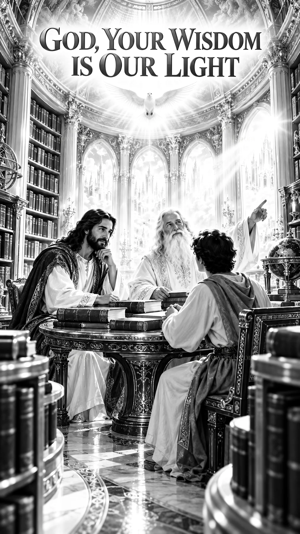 Jesus Christ sharing wisdom in a grand library setting - AI-generated stock image
