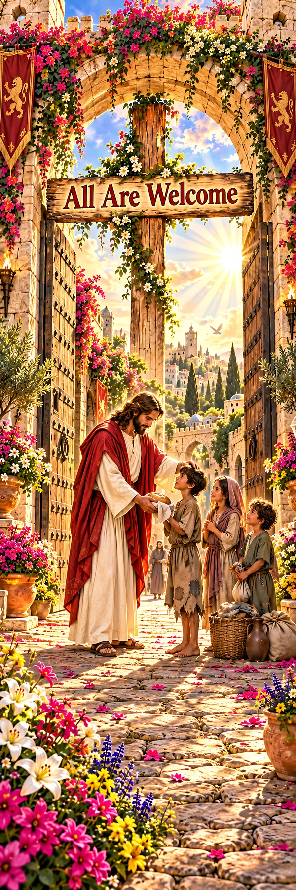 Jesus Christ welcoming children in a garden setting - AI-generated stock image