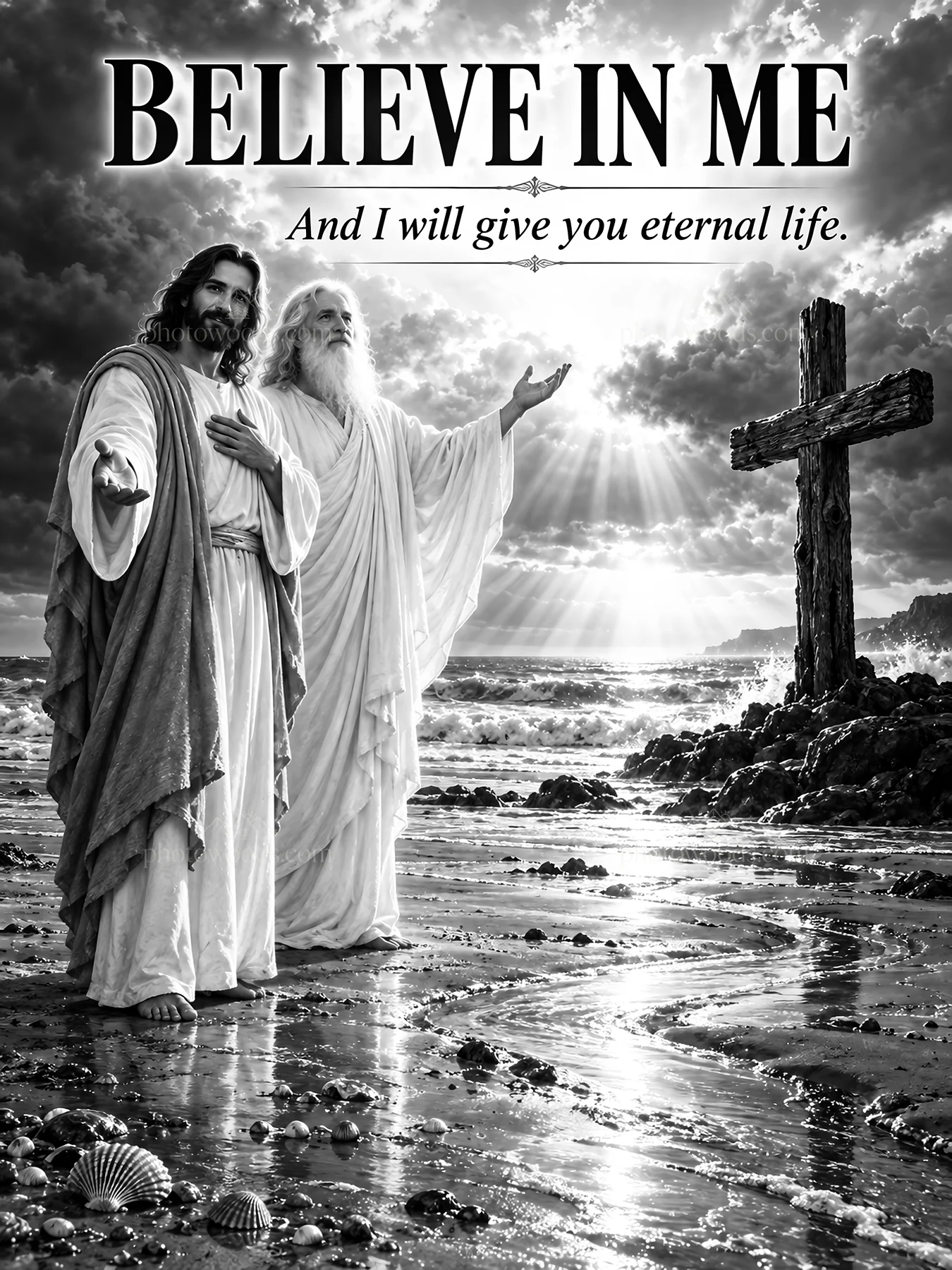 Jesus Christ offers eternal life at the shore with God - AI-generated stock image