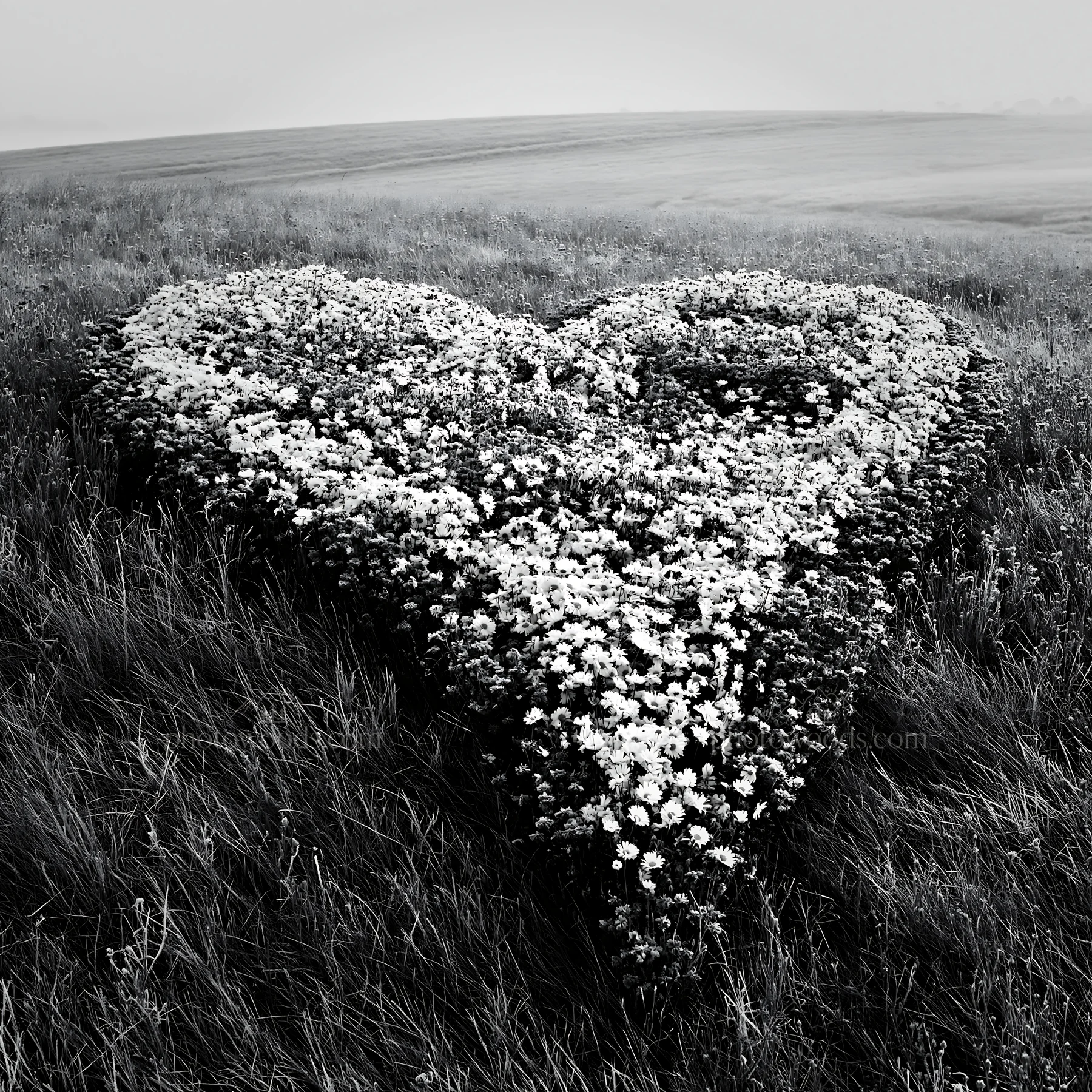 Frosted meadow with heart-shaped flower field in black and white - AI-generated stock image