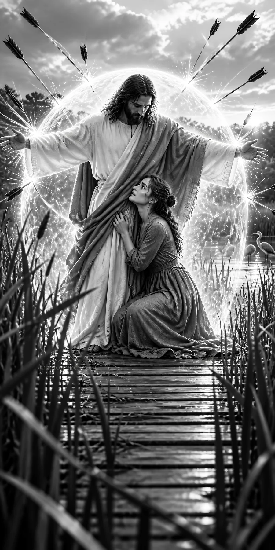 Jesus Christ comforting a woman by the water - AI-generated stock image