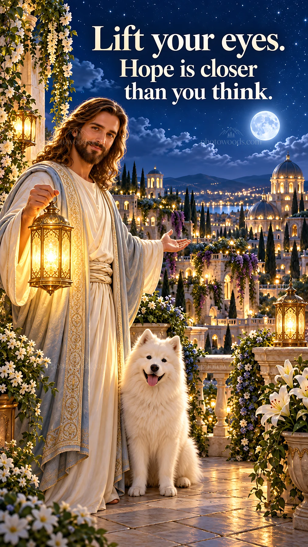 Jesus Christ welcoming viewers with a message of hope - AI-generated stock image